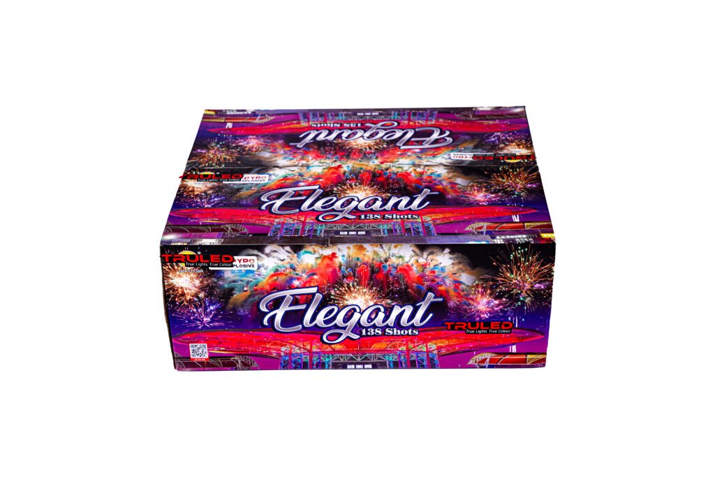 Colorful fireworks box labeled 'Elegant' with 138 Shots and vibrant burst graphics across the packaging.