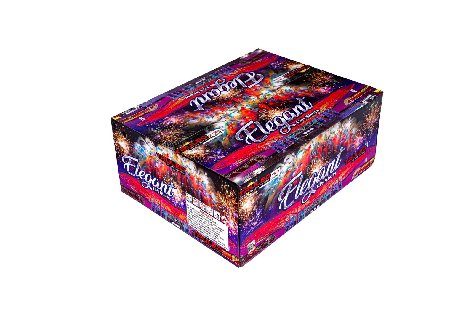 Bright fireworks-themed gift box, labeled Elegant 138 Shots, shown at an angle on a white background.