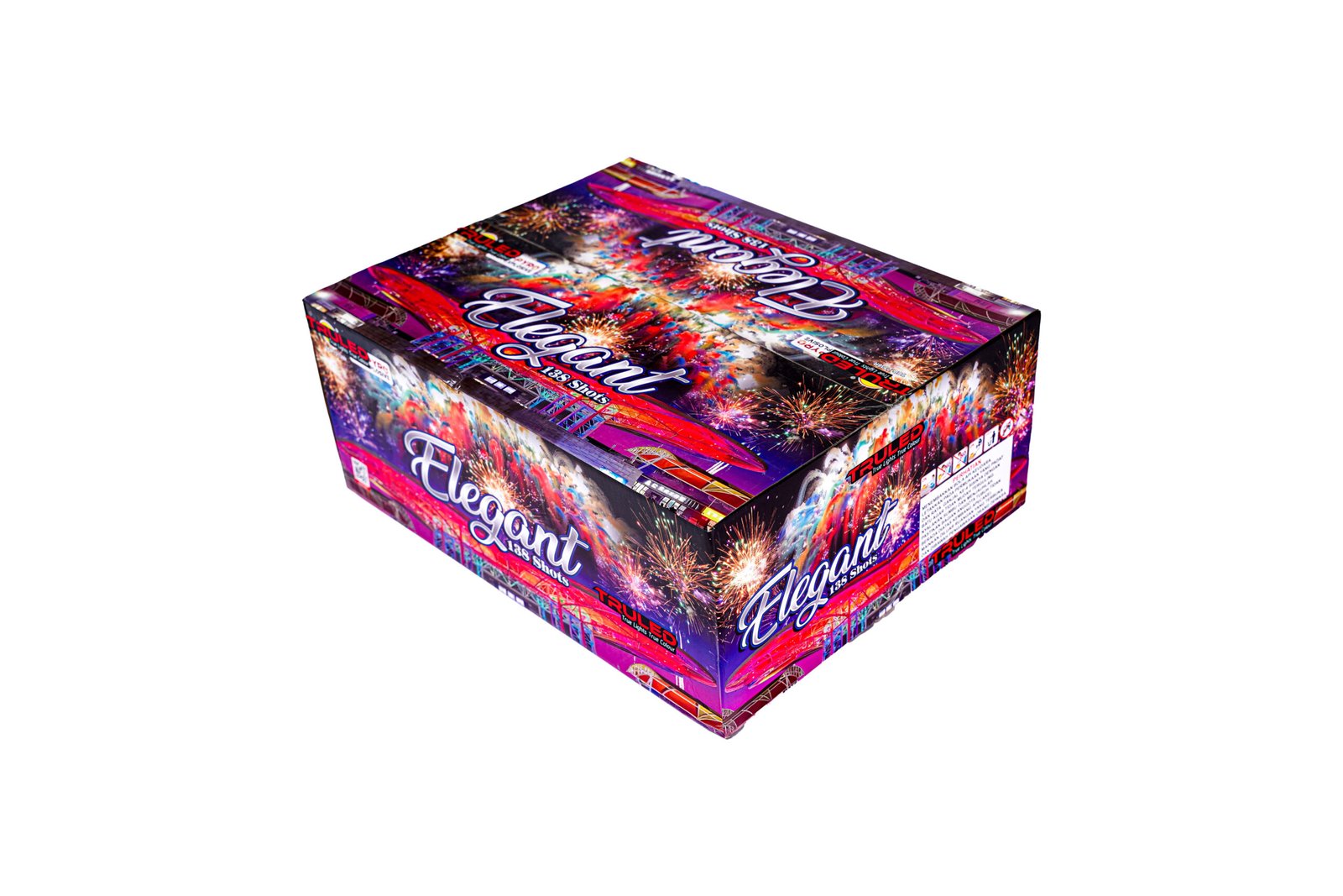 Colorful fireworks-themed rectangular box of fireworks labeled 'Elegant' with 189 shots.
