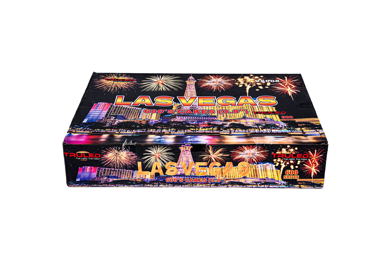 Box packaging for a Las Vegas fireworks cake, featuring fireworks and skyline imagery with bold LAS VEGAS text.