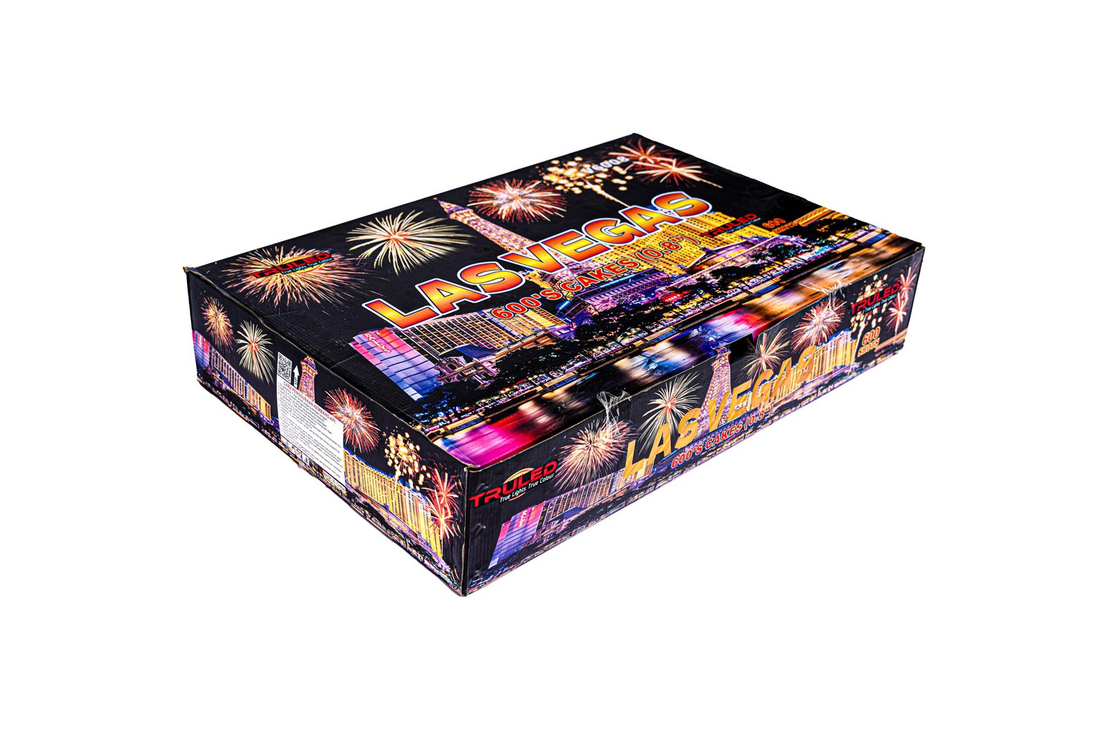 Box of fireworks with Las Vegas-themed artwork and bursts of fireworks on a dark background (Las Vegas fireworks packaging)