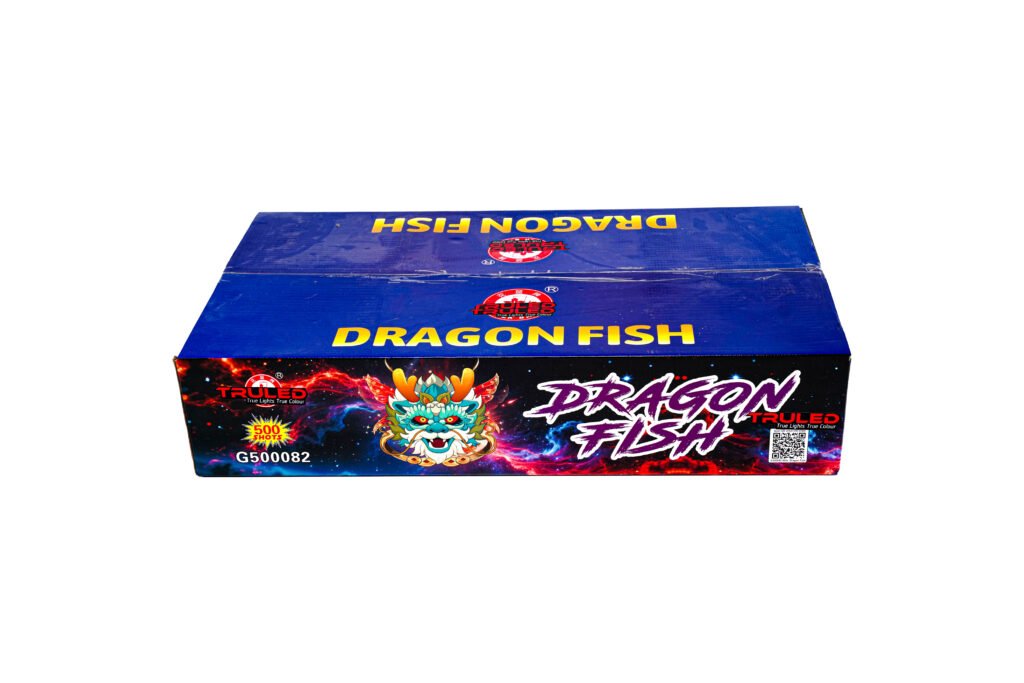 Blue Dragon Fish fireworks box with bold yellow 'DRAGON FISH' text and dragon graphic on the front, TrueLED branding visible.