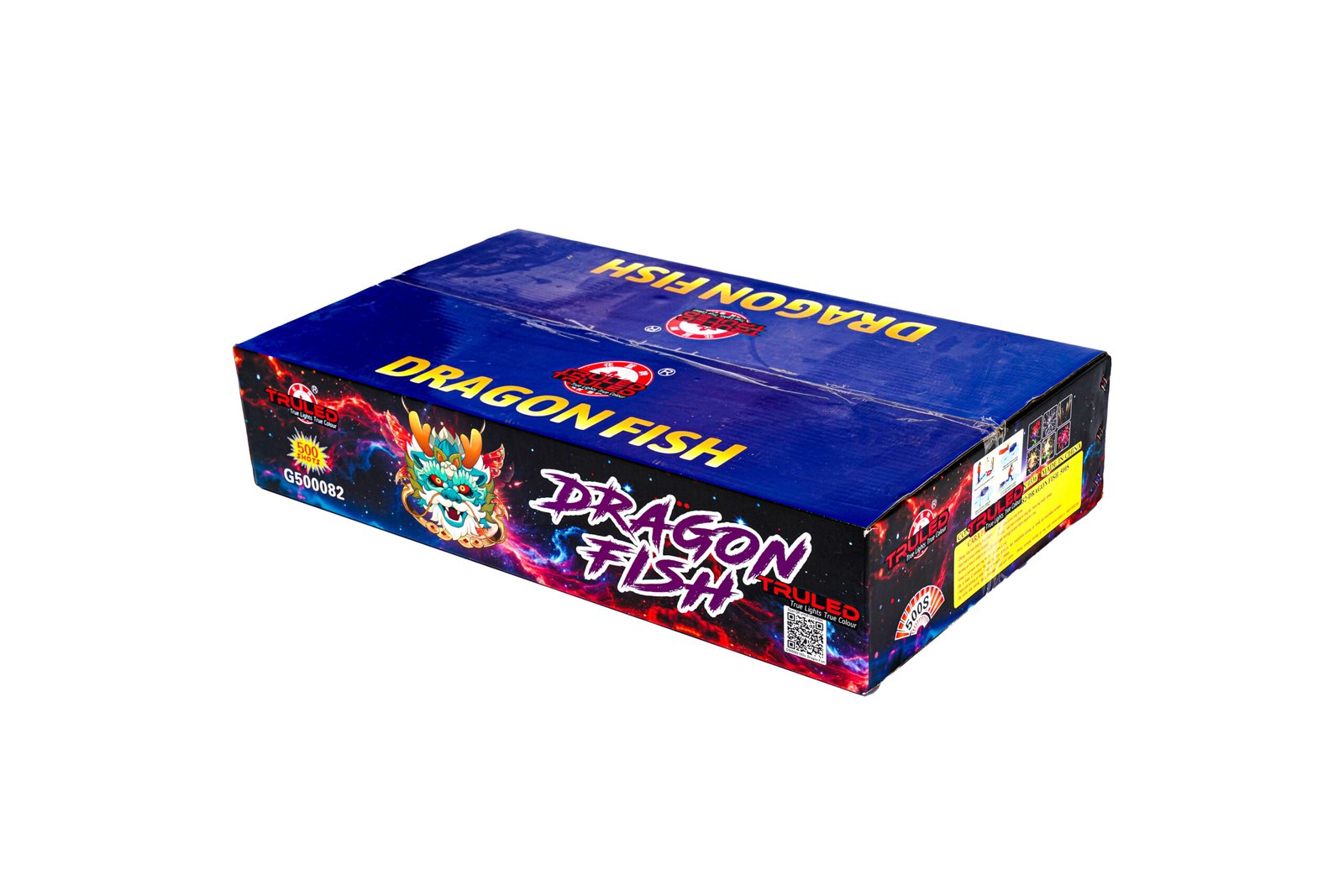 Blue Dragon Fish fireworks box with bold yellow 'DRAGON FISH' lettering and dragon artwork on the side panel