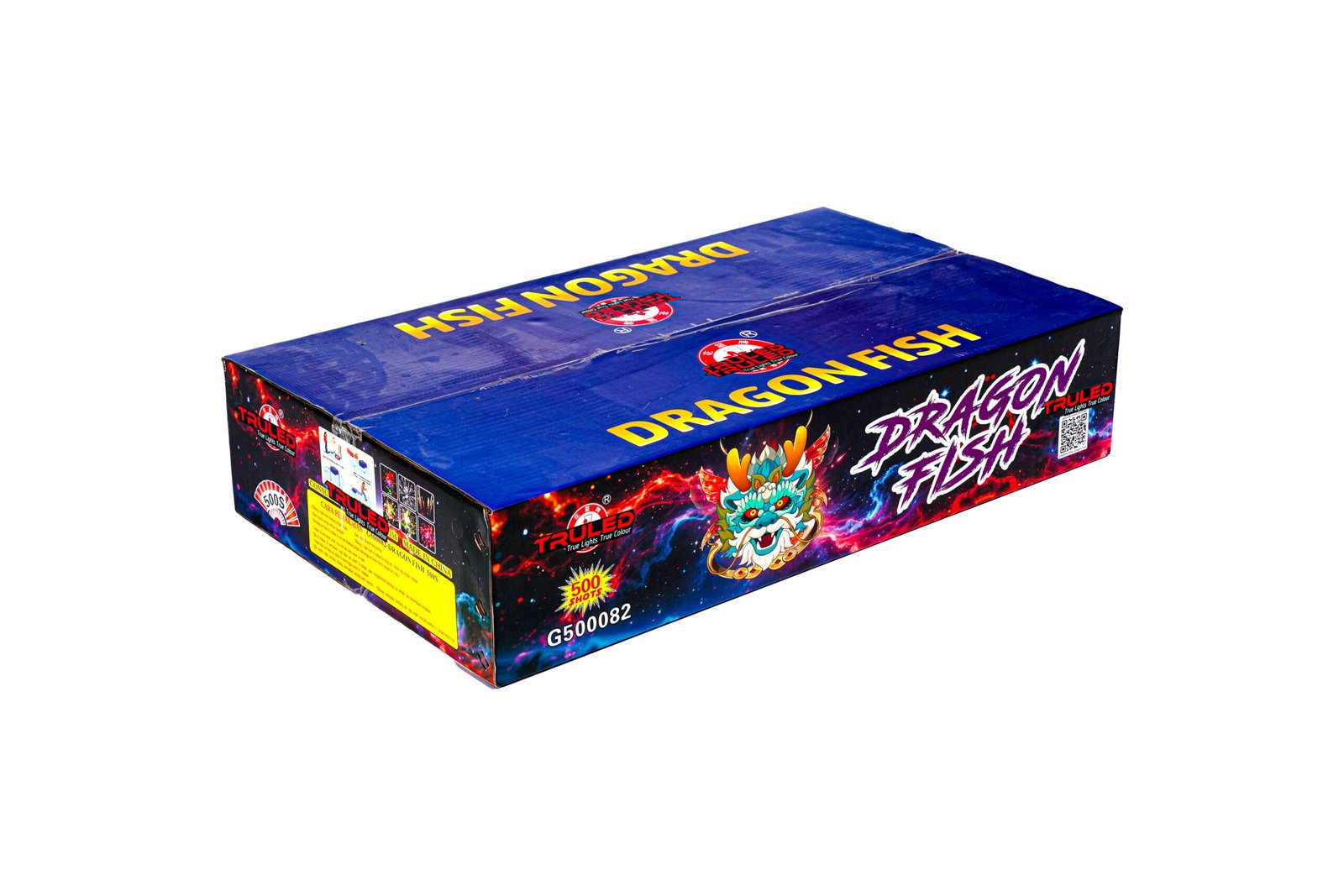 Blue Dragon Fish fireworks box with colorful dragon graphic and yellow 'DRAGON FISH' lettering on a dark blue lid.