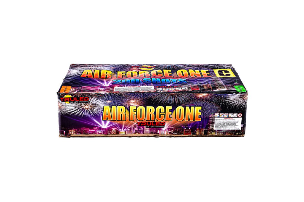 Colorful fireworks box packaging labeled 'Air Force One' with bursts of light and a city skyline design on the front edge of the box.