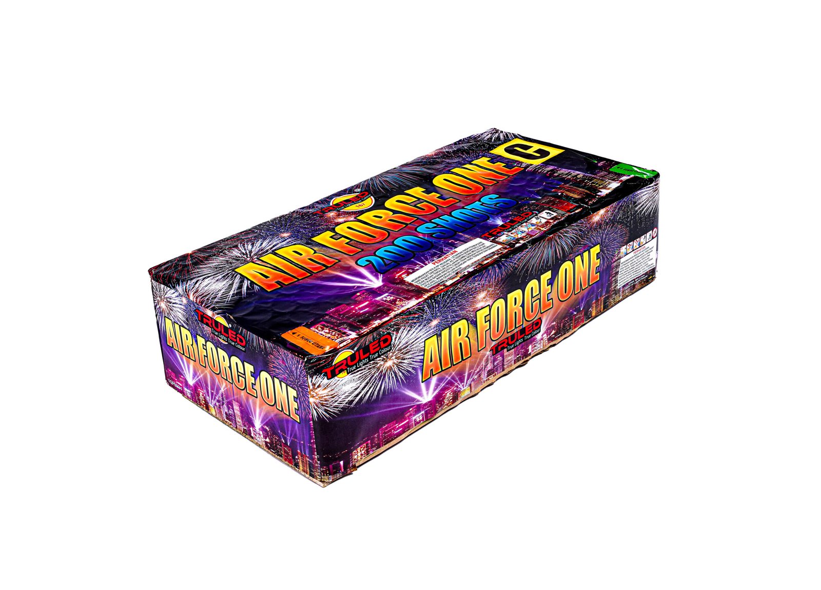 Box of fireworks labeled 'Air Force One' with bright, multicolor graphics and fireworks imagery on a white background