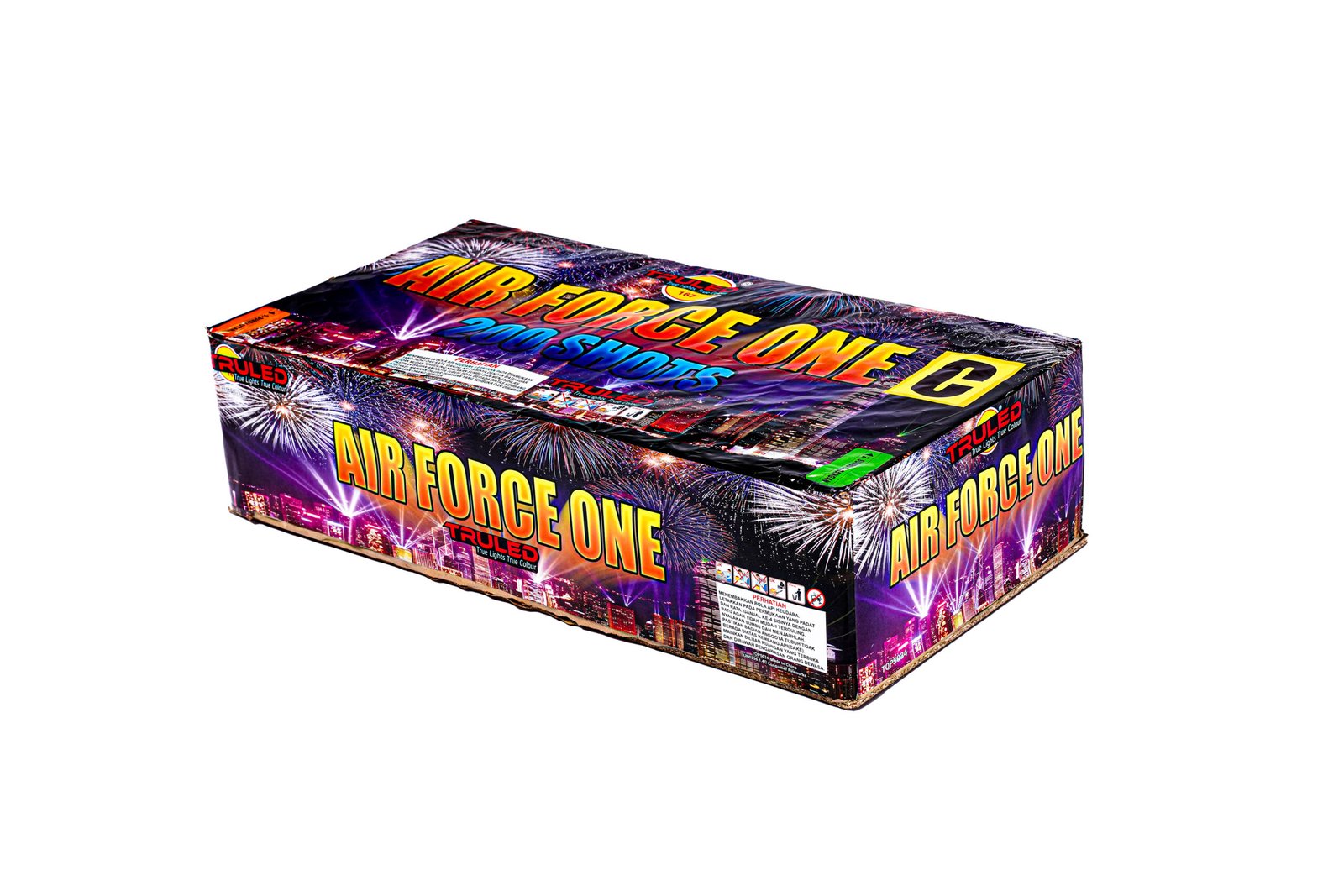 Box of fireworks labeled 'Air Force One' with vibrant fireworks graphics on a purple background, advertising the product