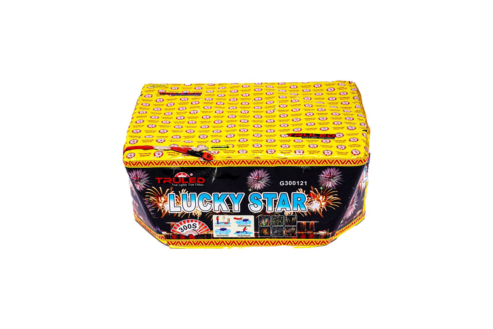 Bright yellow Lucky Star fireworks box with bold logo and colorful rocket/firework graphics on the front.