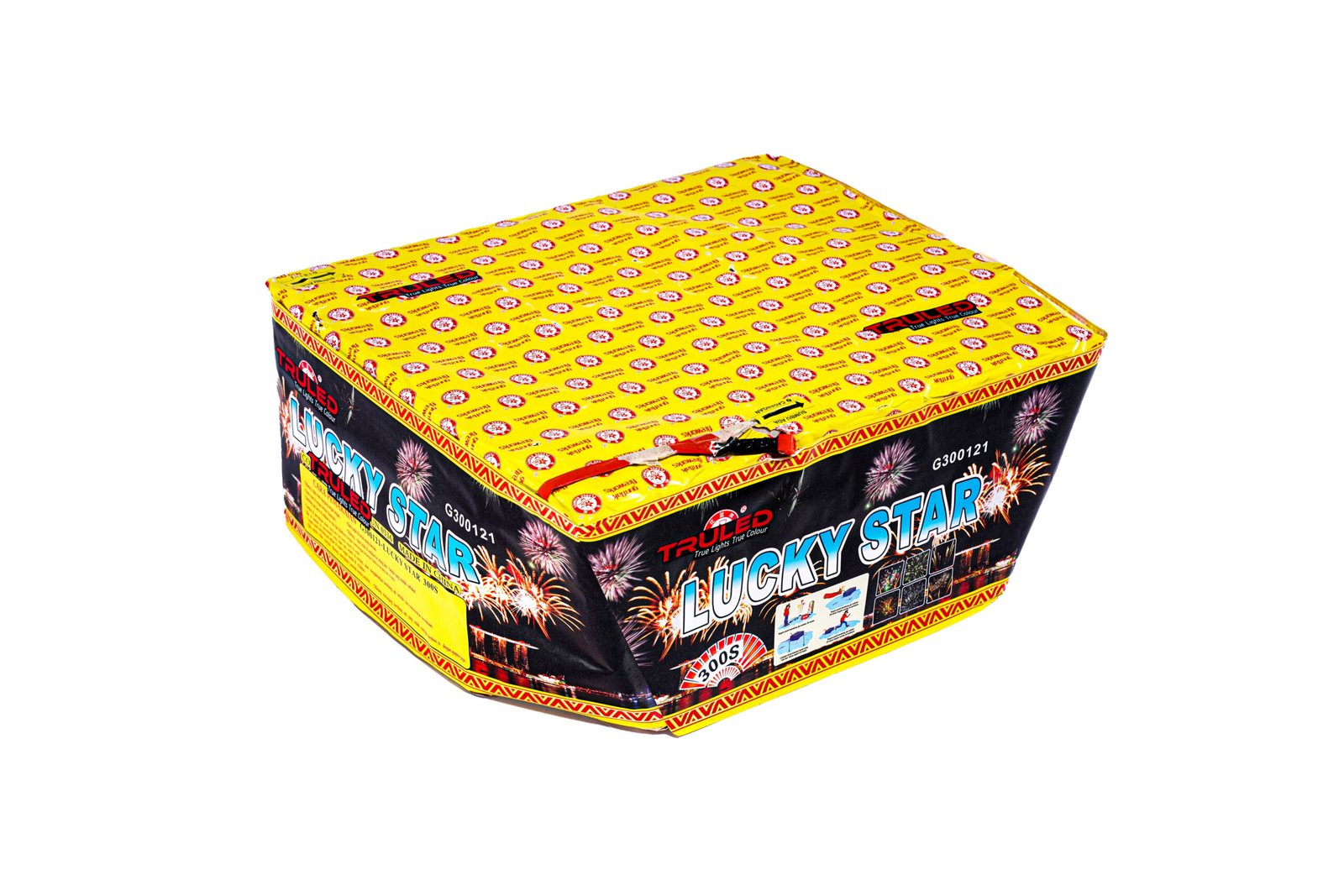 Bright yellow fireworks box with red-and-white logos on the lid and 'Lucky Star' branding on the side, shown at an angle.