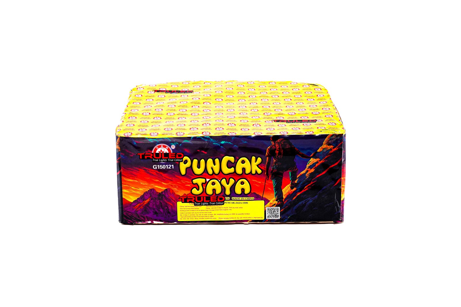Front of a fireworks box with a yellow patterned lid and bold 'PUNK JAYA' branding, featuring a silhouetted climber against a fiery mountain sunset.