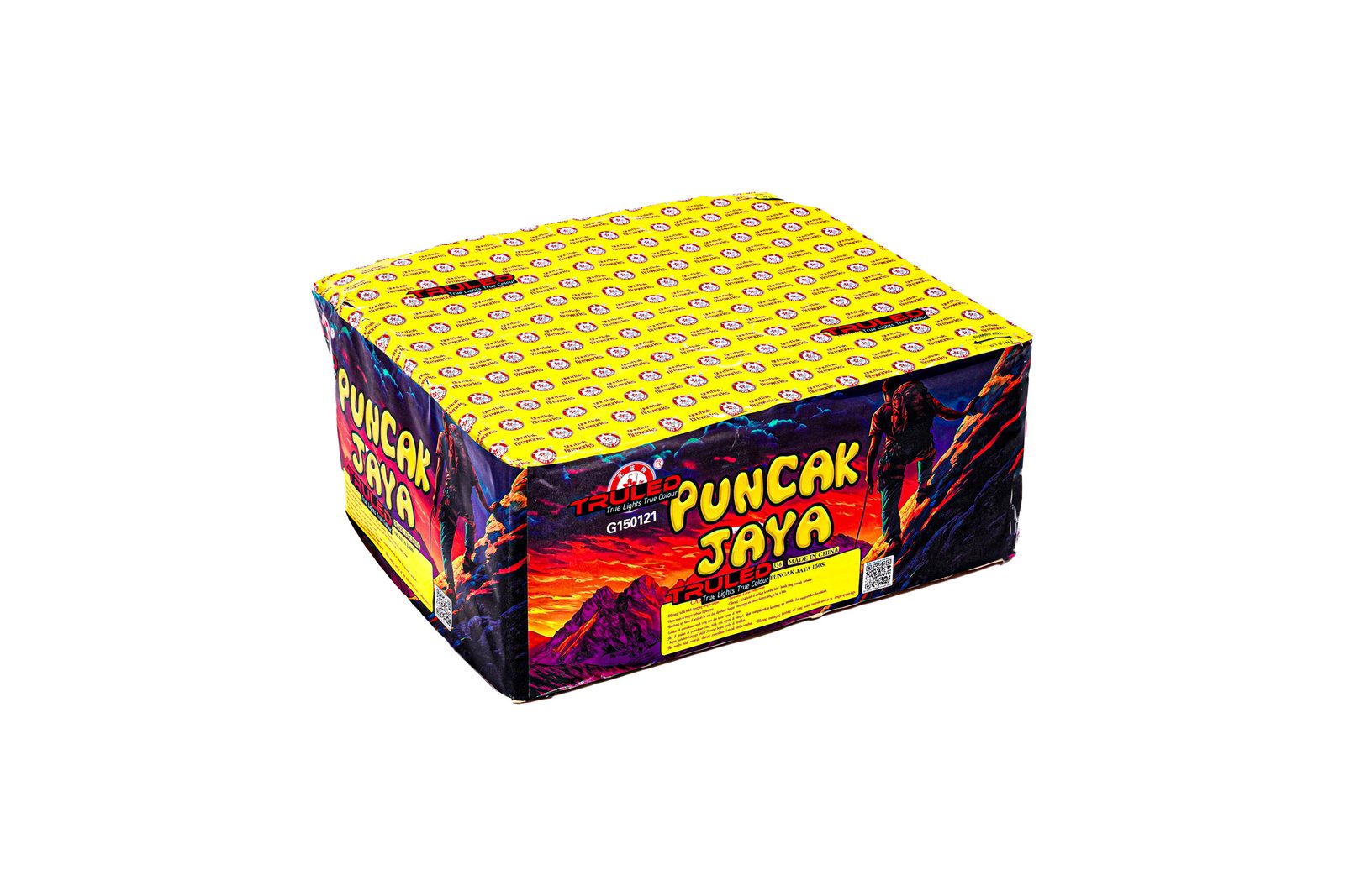 Large rectangular fireworks box with a bright yellow patterned top and purple mountain artwork, labeled 'Puncak Jaya'.