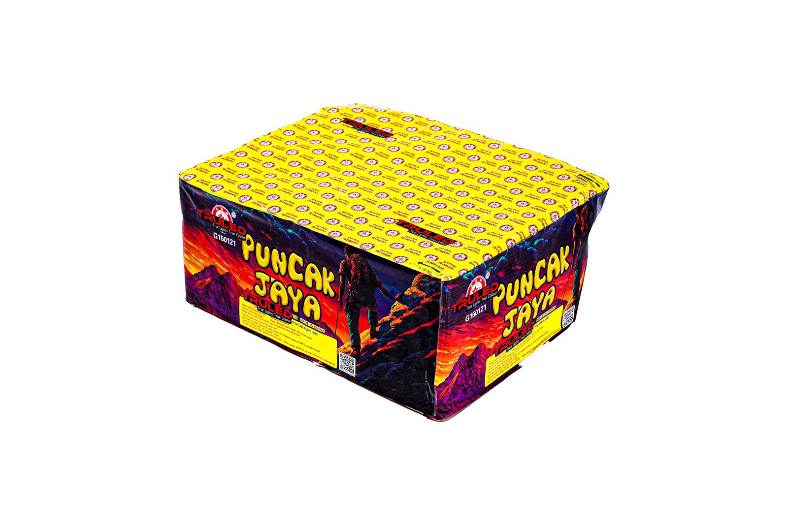 Box of fireworks labeled 'Punch Cake Java' with a bright yellow lid covered in small circular logos and bold colorful side artwork showing a fiery mountain scene.