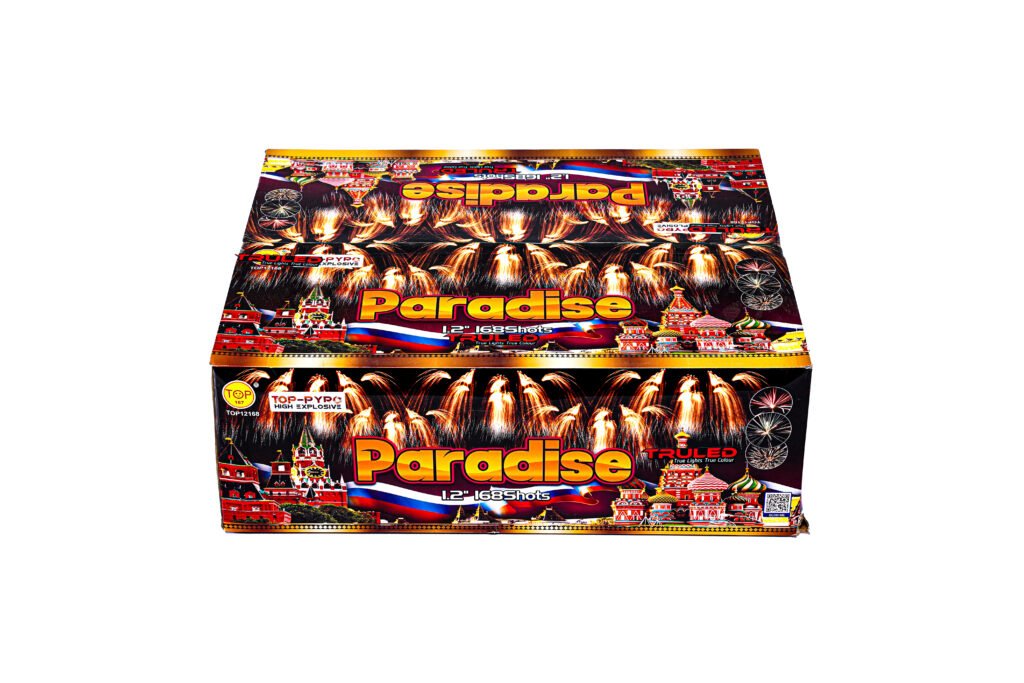 Large fireworks box labeled 'Paradise' with flames and colorful city graphics across the packaging, 1.2" 168 shots text visible