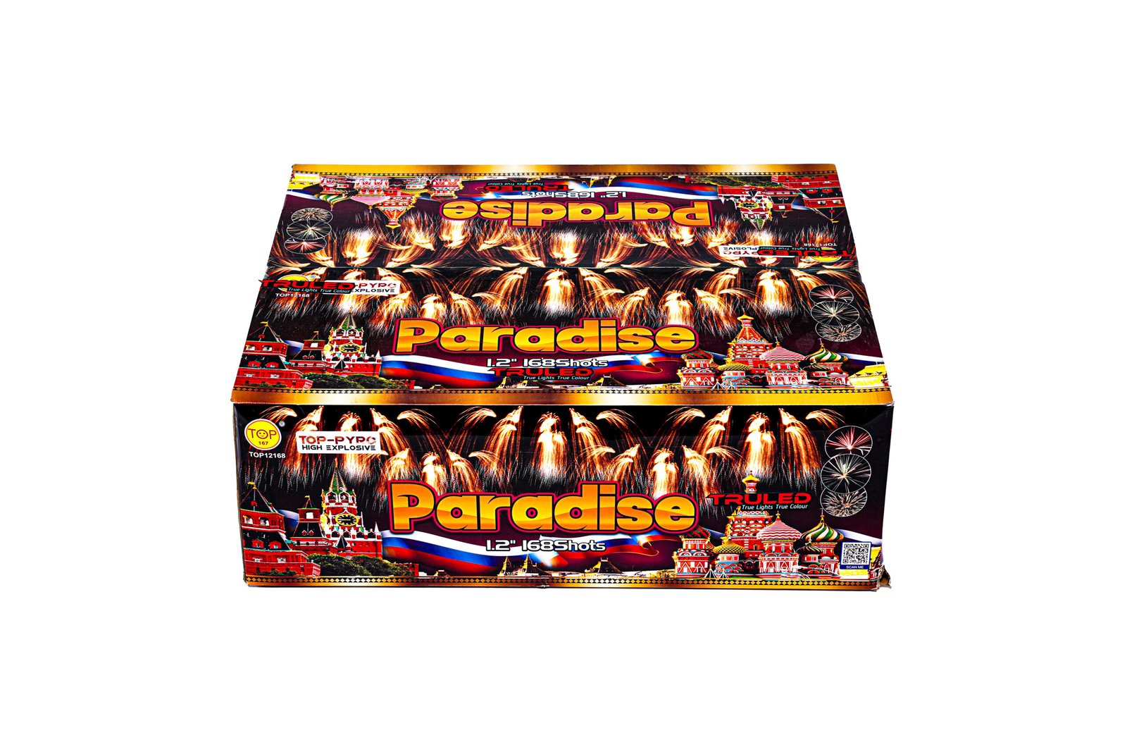 Large fireworks box labeled 'Paradise' with flames and colorful city graphics across the packaging, 1.2" 168 shots text visible
