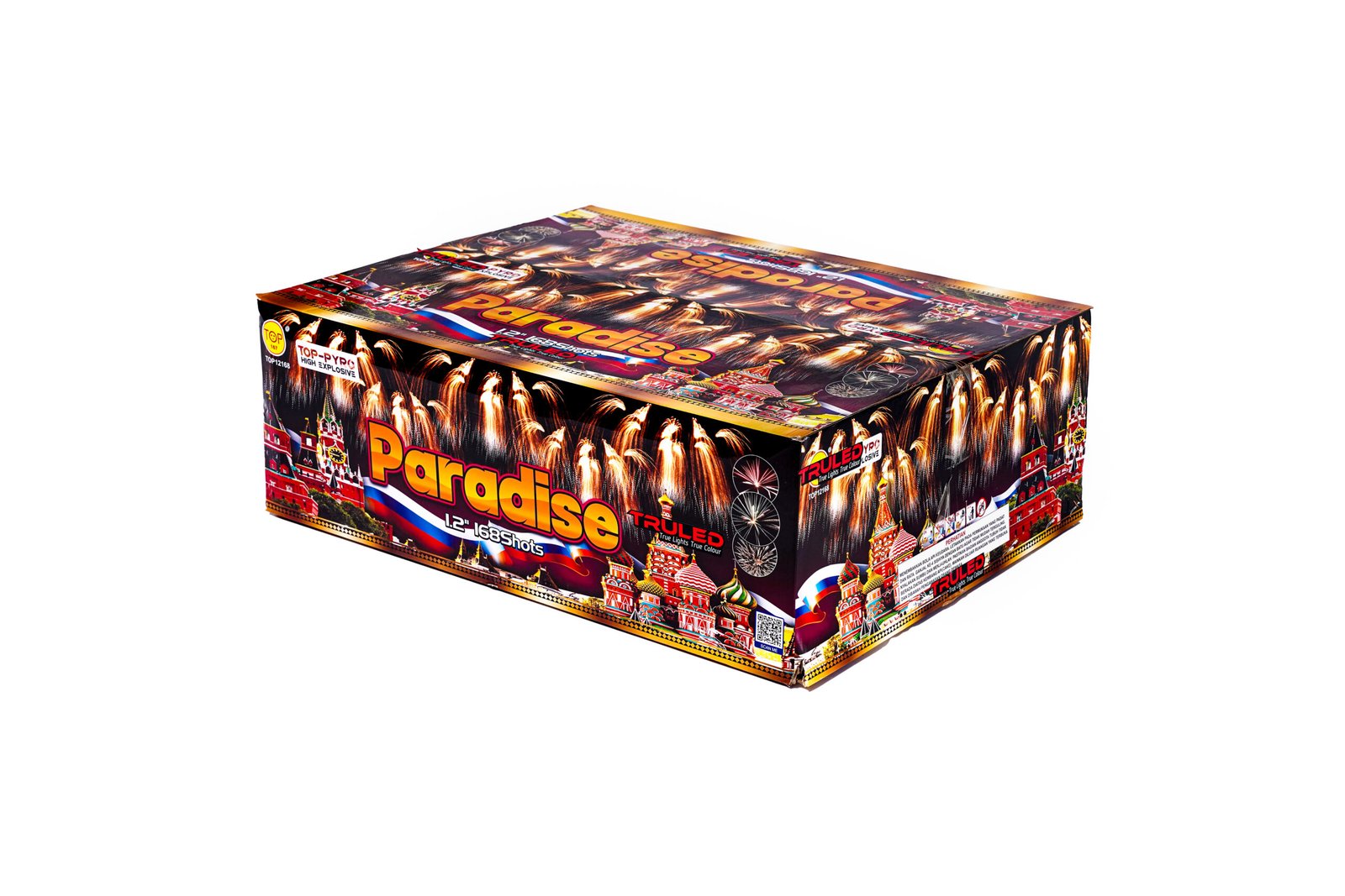 Paradise fireworks box with bright red and gold graphics and fireworks imagery on a white background, boxed packaging artfully displayed on angle.