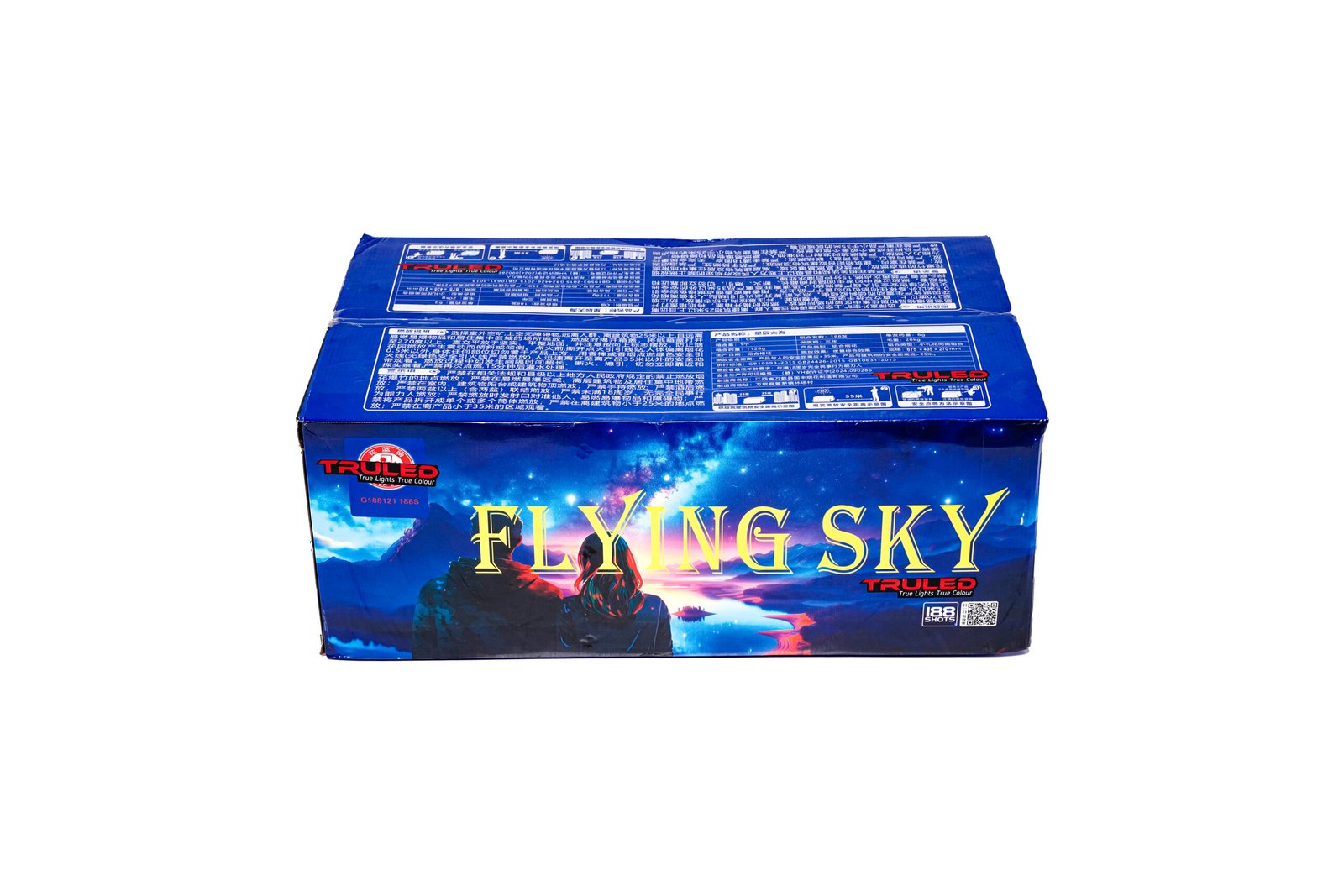 Blue fireworks box titled 'Flying Sky' with a space-themed graphic and the TruLED branding on the side edge, featuring dense white text panels on the top.