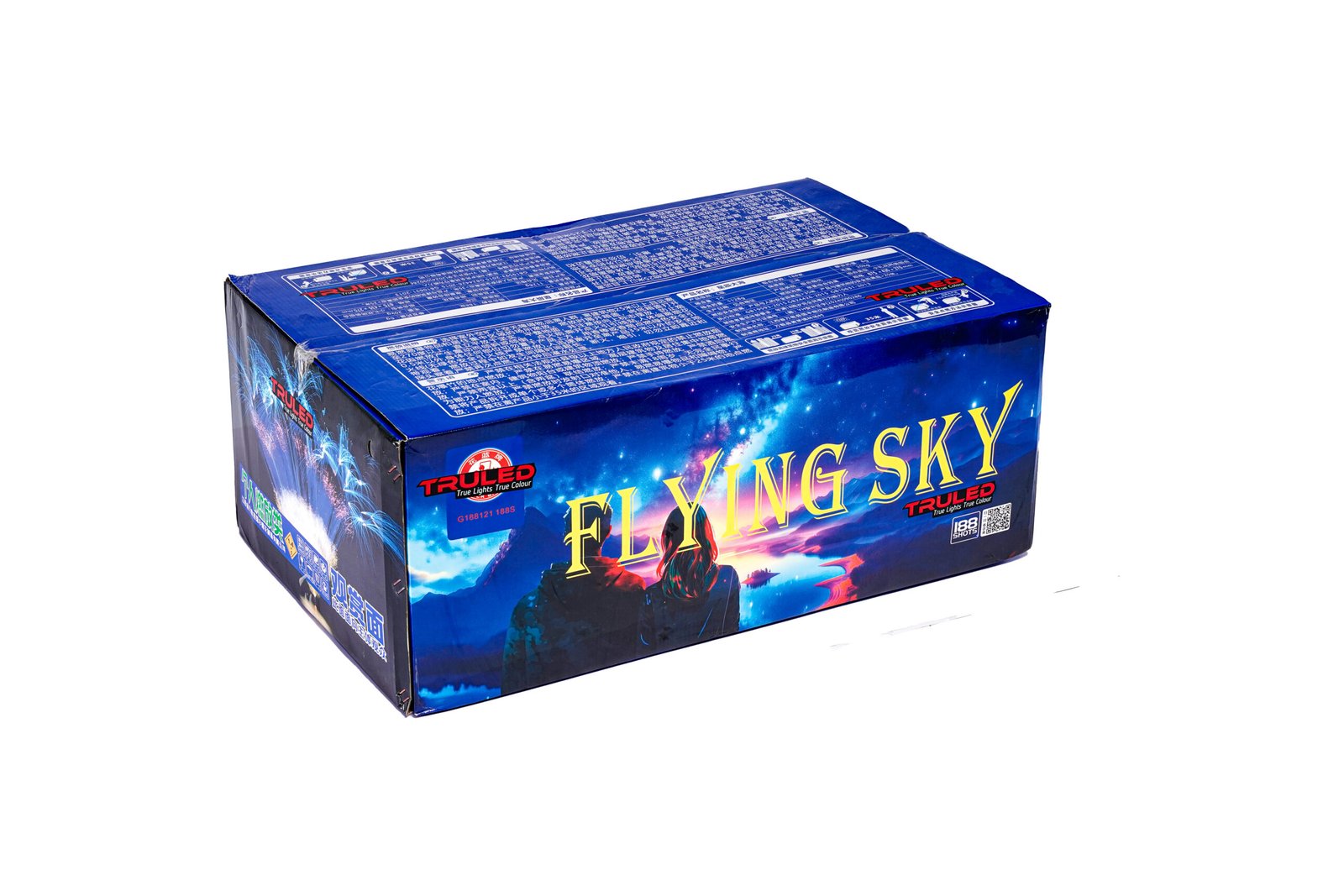 Blue fireworks box with space-themed graphics and the word 'FLYING SKY' on the front, packaging from Triled.Lights Color.