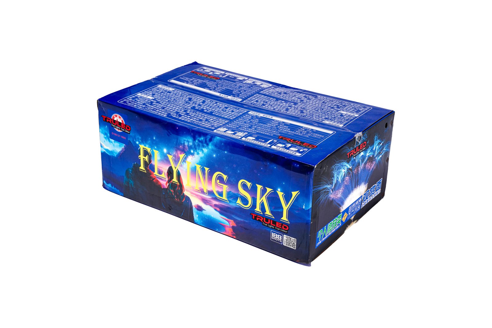 Blue fireworks box labeled 'Flying Sky' with TrueLED branding and Chinese text on top panels.