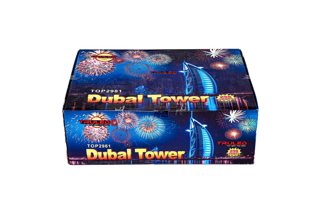 Blue fireworks box labeled Dubai Tower with skyline graphics and colorful bursts of fireworks; mentions 208 shots on the packaging.