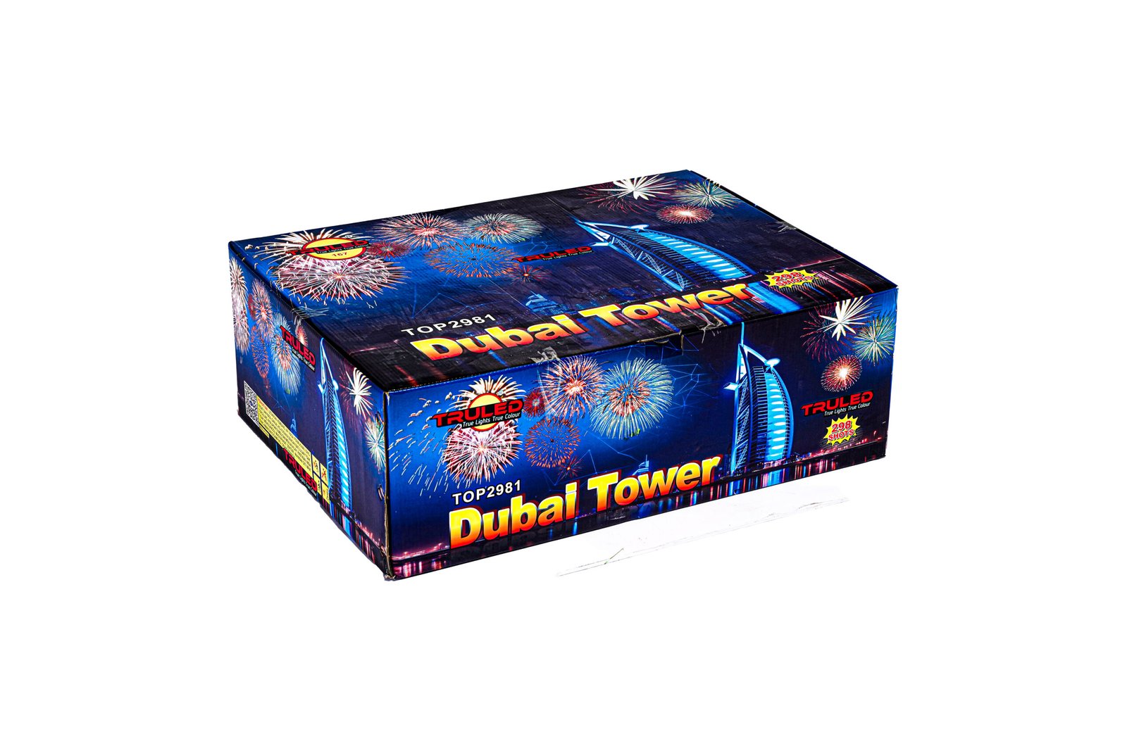Blue fireworks box labeled 'Dubai Tower' with colorful fireworks graphics on all sides.