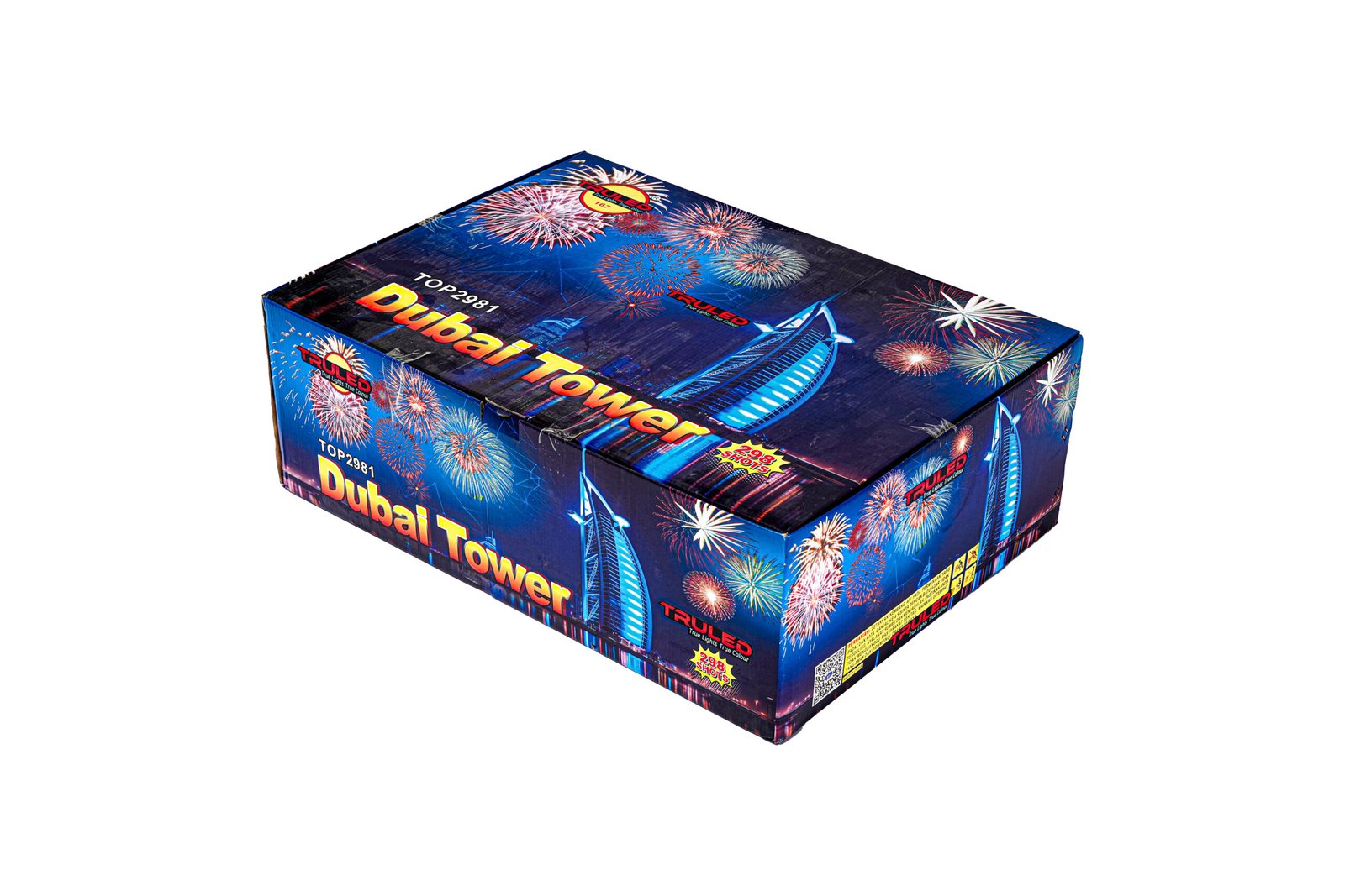 Blue fireworks-themed box displaying the text 'Dubai Tower' and a skyline motif, a consumer fireworks package.