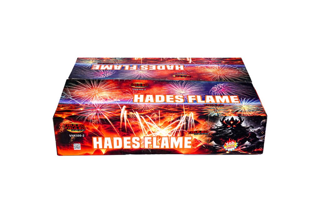 Fireworks box with vibrant explosions artwork and the bold label 'HADES FLAME' on the front.
