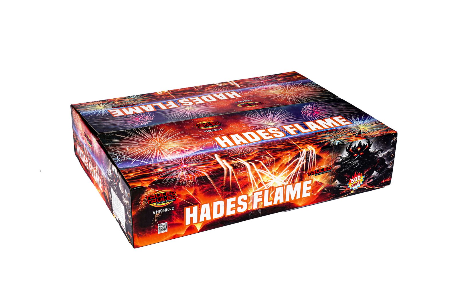 Box of fireworks labeled Hades Flame with colorful burst graphics on the packaging.
