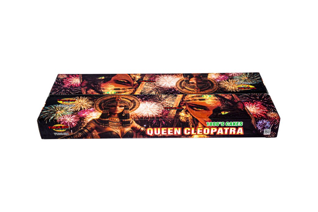 Fireworks box labeled Queen Cleopatra with colorful fireworks graphics on the packaging.