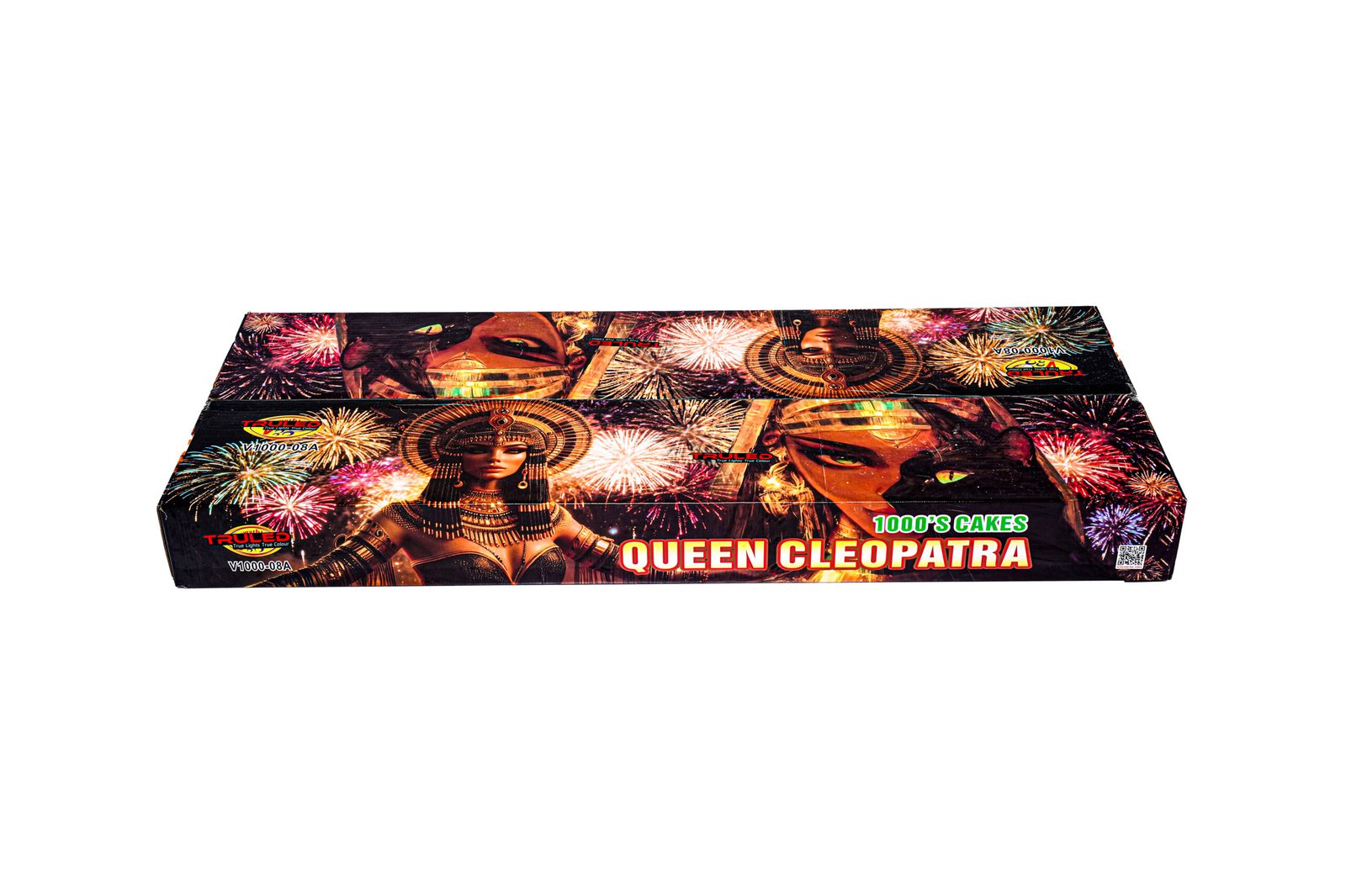 Fireworks box labeled Queen Cleopatra with colorful fireworks graphics on the packaging.