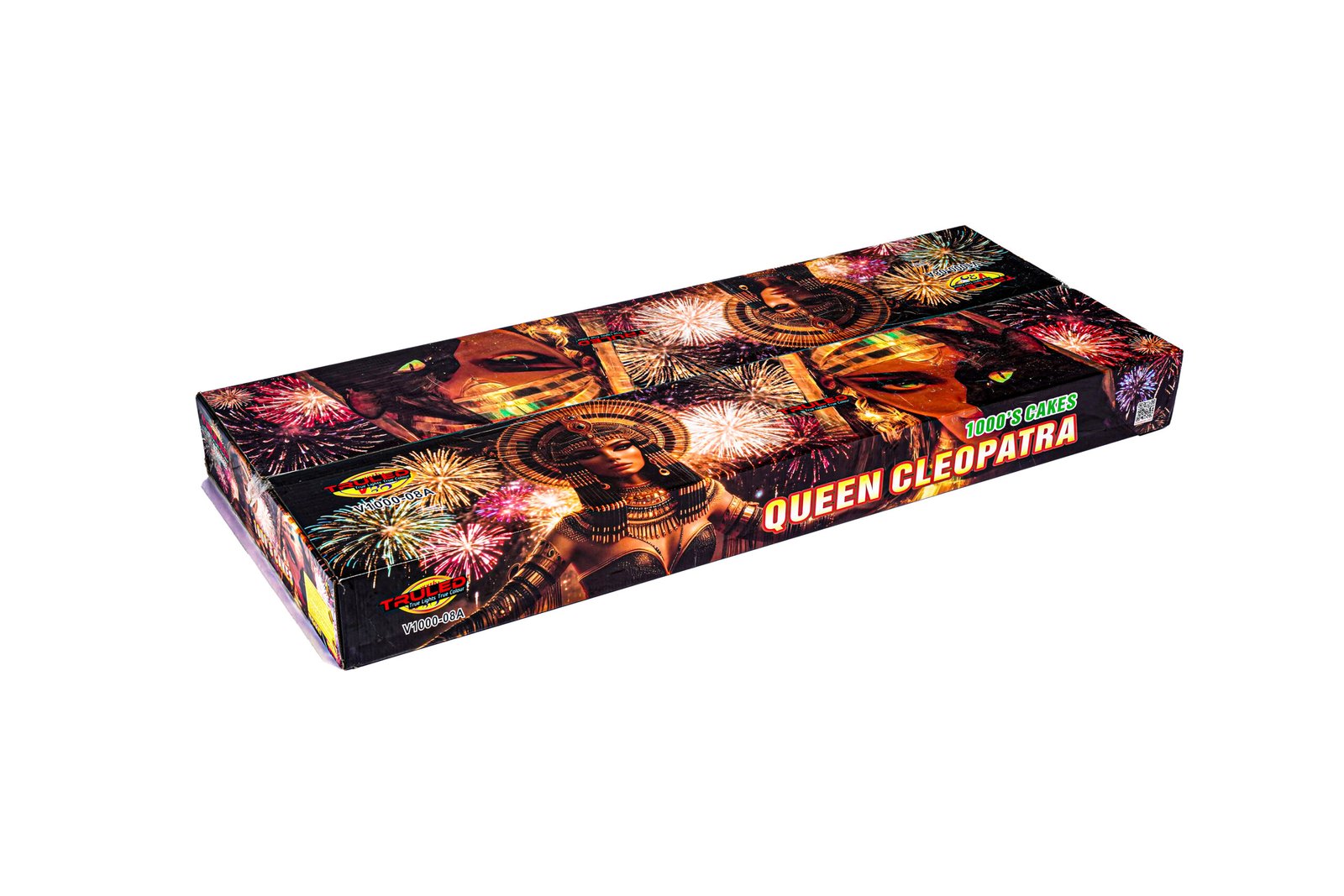 Rectangular fireworks packaging with bright fireworks graphics and the words 'QUEEN CLEOPATRA' prominently displayed on the side