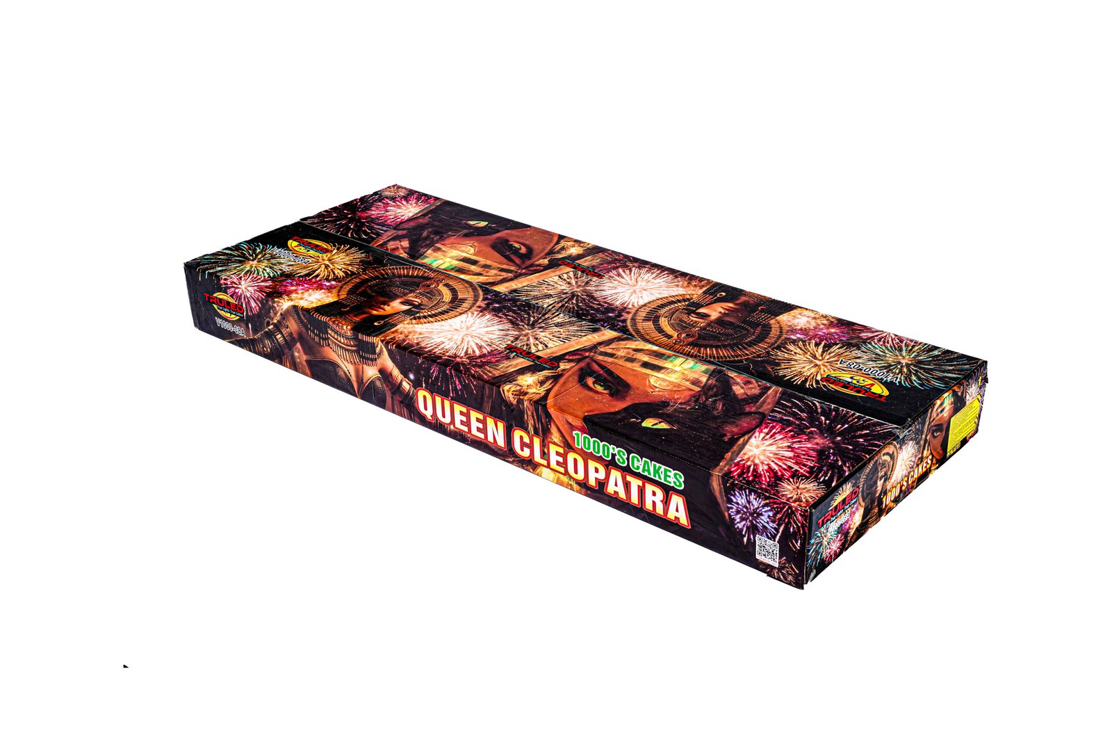 Diagonal view of a colorful fireworks cake box with bursts of fireworks artwork and the words Queen Cleopatra on the side.