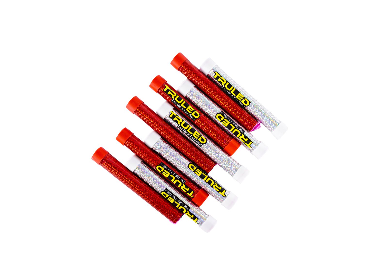 Several red and holographic LED light sticks labeled TRULED arranged diagonally on a white background.
