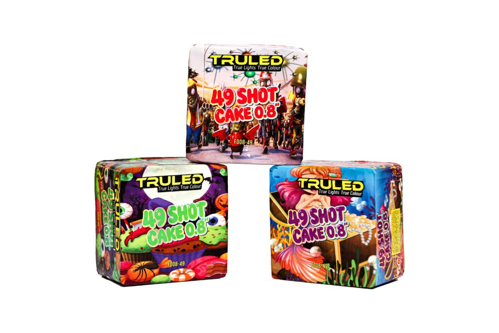 Three colorful toy-box packaging stacked together, each with bold '49 SHOT CAKE 0.8' branding and cartoon artwork.