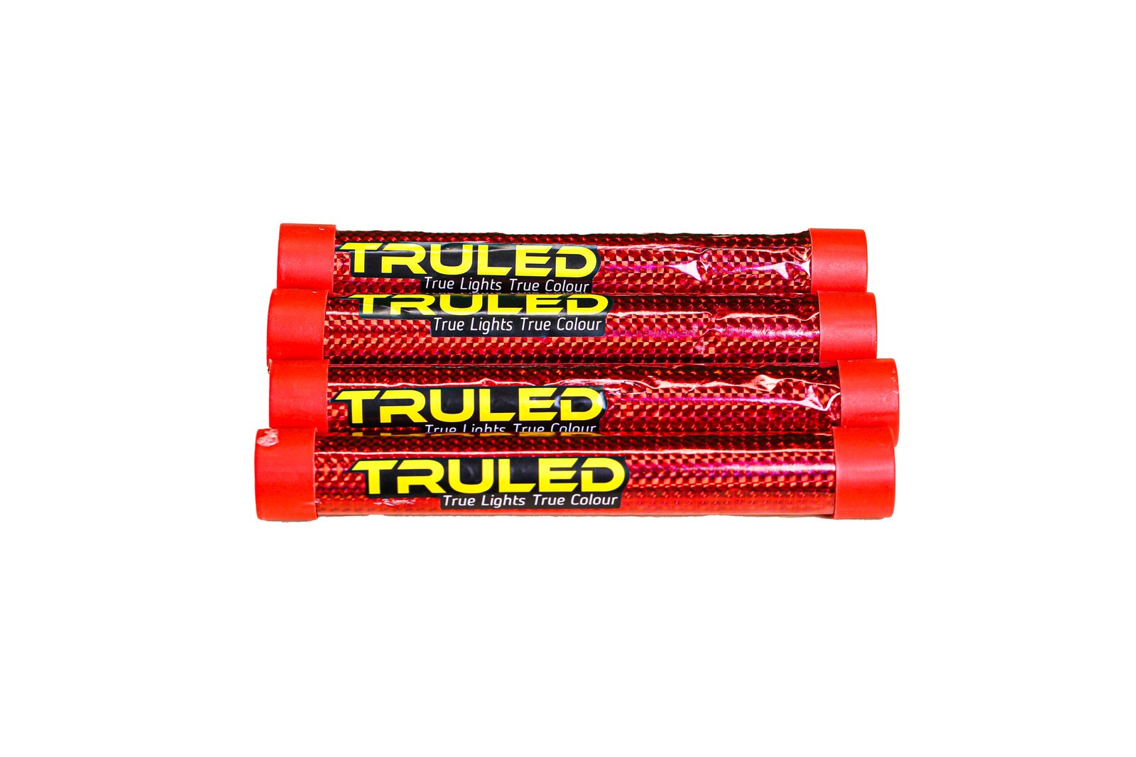 Red foil-wrapped TruLED glow sticks stacked horizontally with bold yellow TRULED branding and 'True Lights True Colour' slogan.