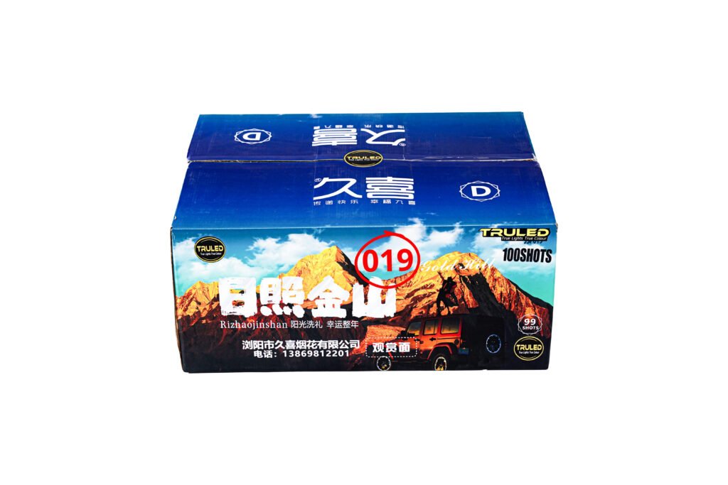 Blue TRULED fireworks box with a mountain landscape, the red circled '019', and '100 SHOTS' label against a blue sky.