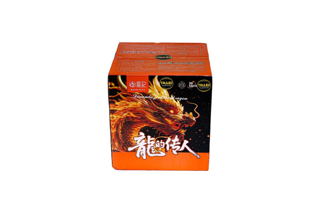 Red and black product box featuring a fiery dragon illustration on the front and Chinese text elements, set against an orange panel at the bottom.