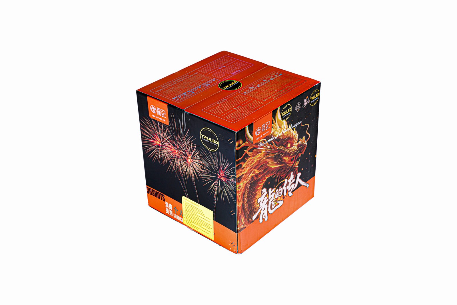 Fireworks box with a dragon graphic on black sides and a red lid, showing fireworks bursts and Chinese text.