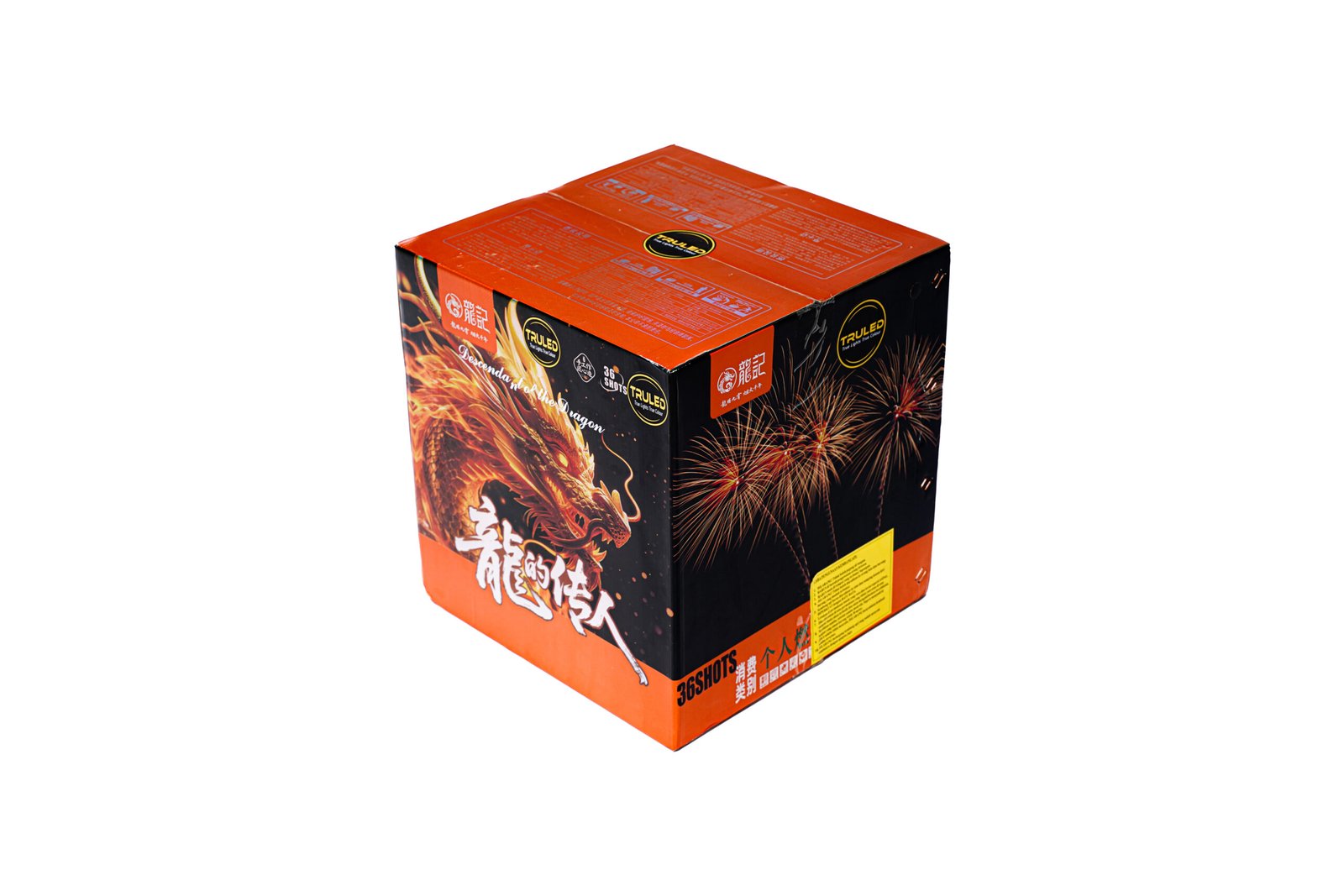 Orange and black fireworks box with a dragon graphic and fireworks bursts, labeled 36 SHOTS on the bottom edge.