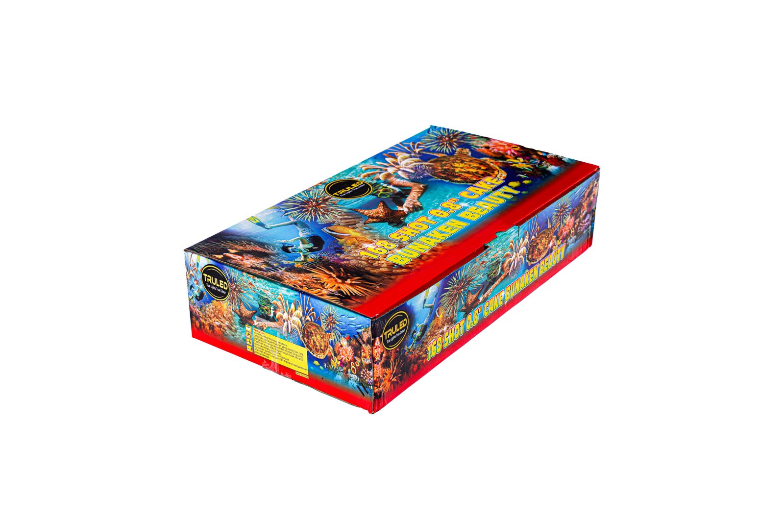 Bright, colorful fireworks box with explosions illustrated across the lid and the text '168 SHOT 0.8'' CAKE' visible along the side; featuring a TRULED logo and tropical imagery.