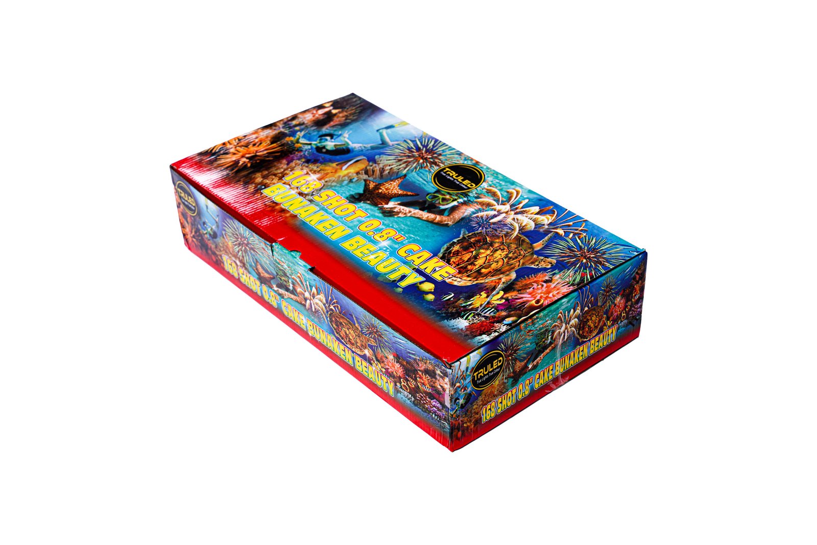 Colorful fireworks box with tropical imagery and bold yellow text advertising a 168-shot cake.