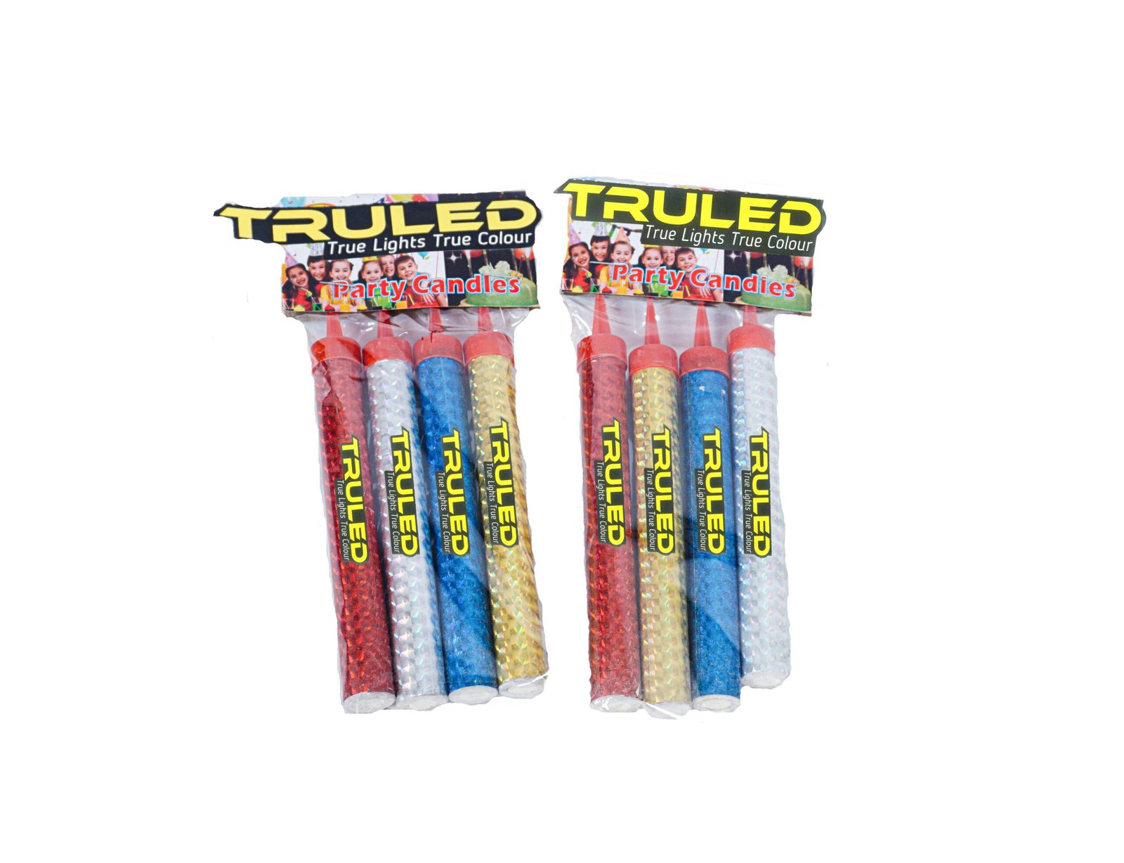 Two packs of TruLed party candles in red, blue, gold, and silver colors with bright packaging labeled 'Party Candles' and 'True Lights True Colour'.