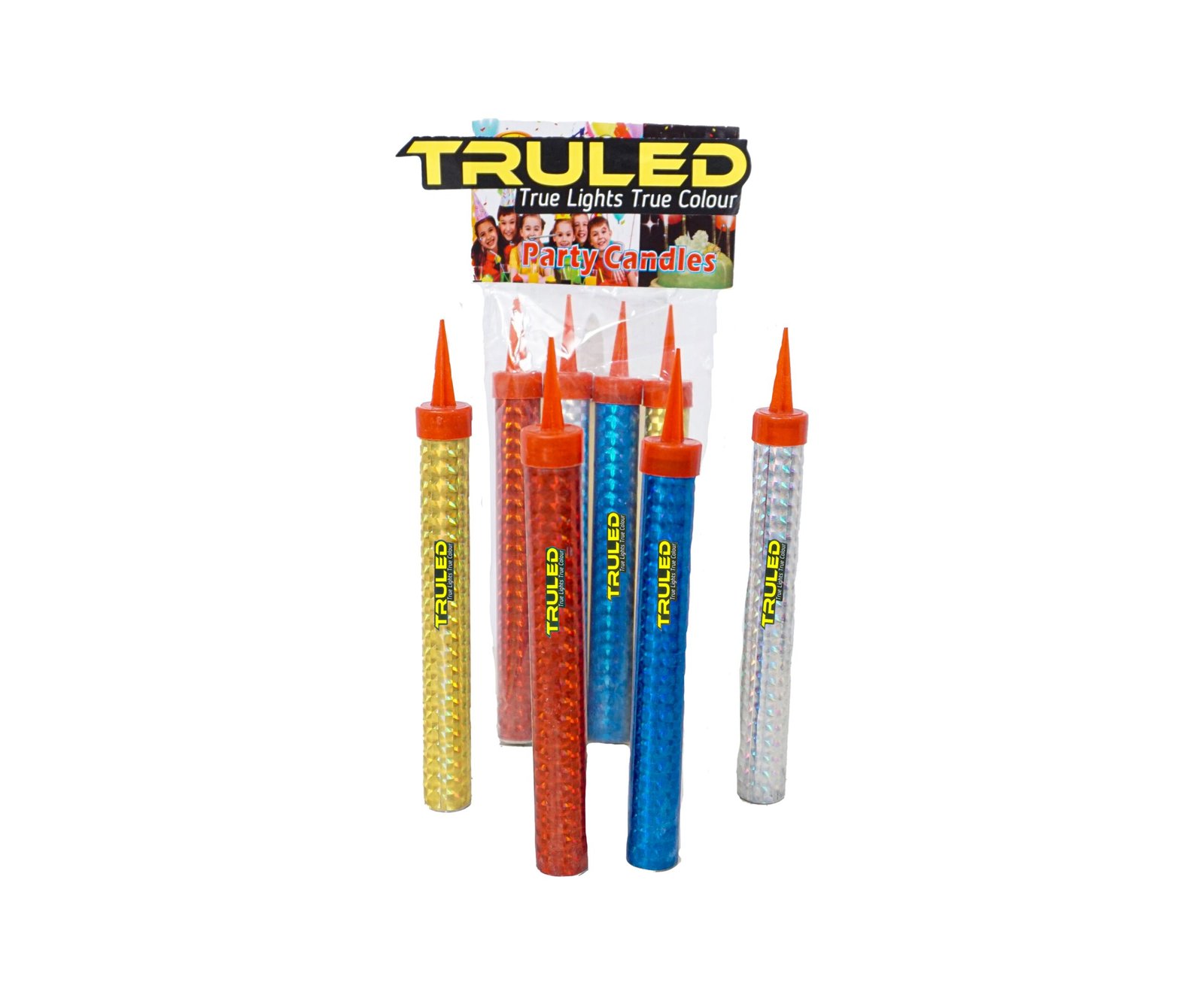 Pack of colorful party candles with orange tips and a 'TRULED Party Candles' label on the packaging