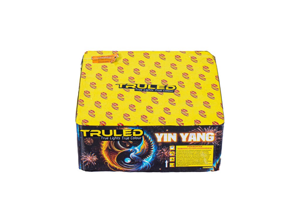 Yellow fireworks package with a repeating red-and-yellow Yin Yang pattern and bold TRULED branding; bottom half shows a colorful fireworks illustration.