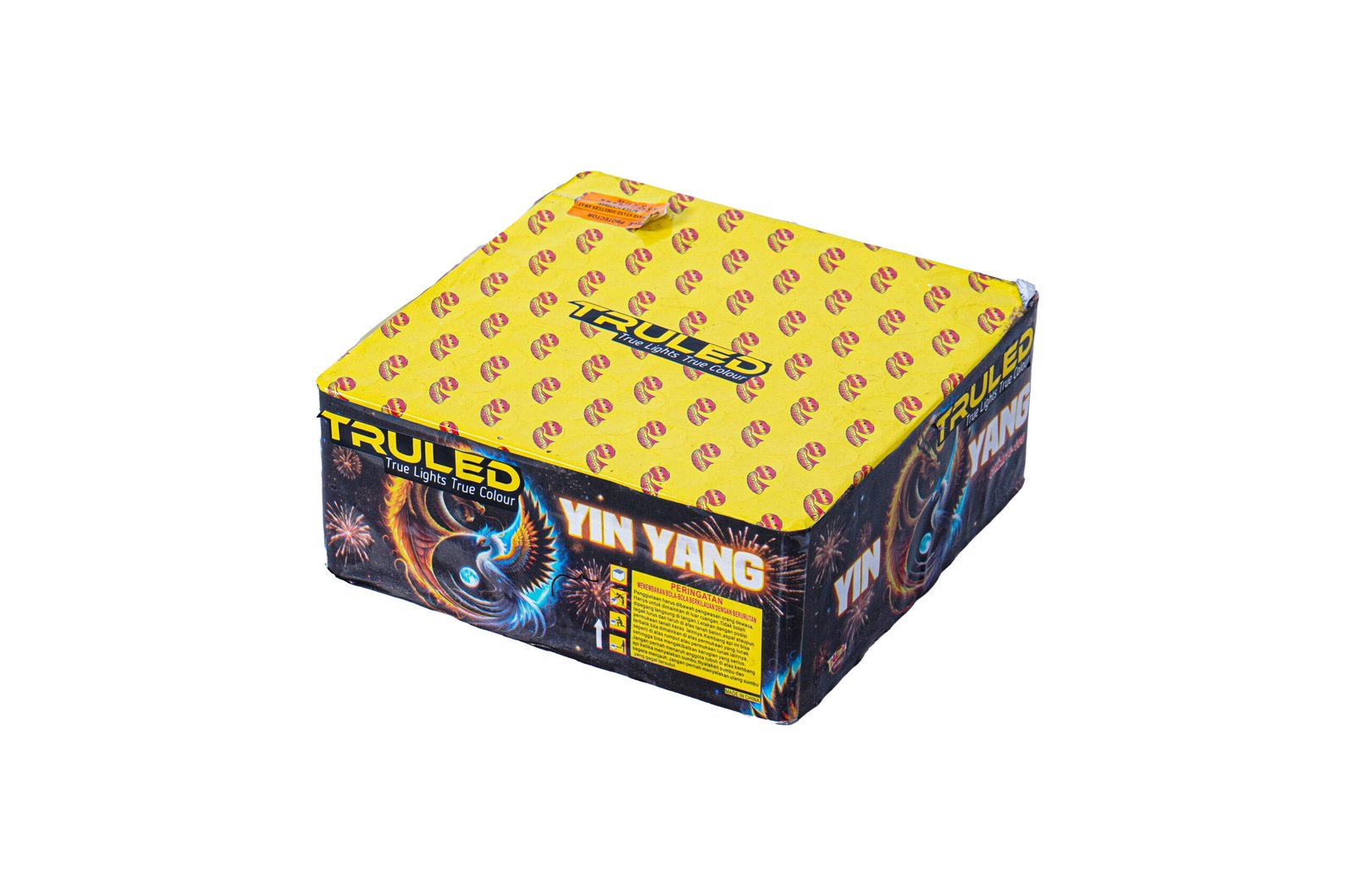 Yellow fireworks box with a repeating red logo pattern on the lid and bold 'YIN YANG' text on the side.