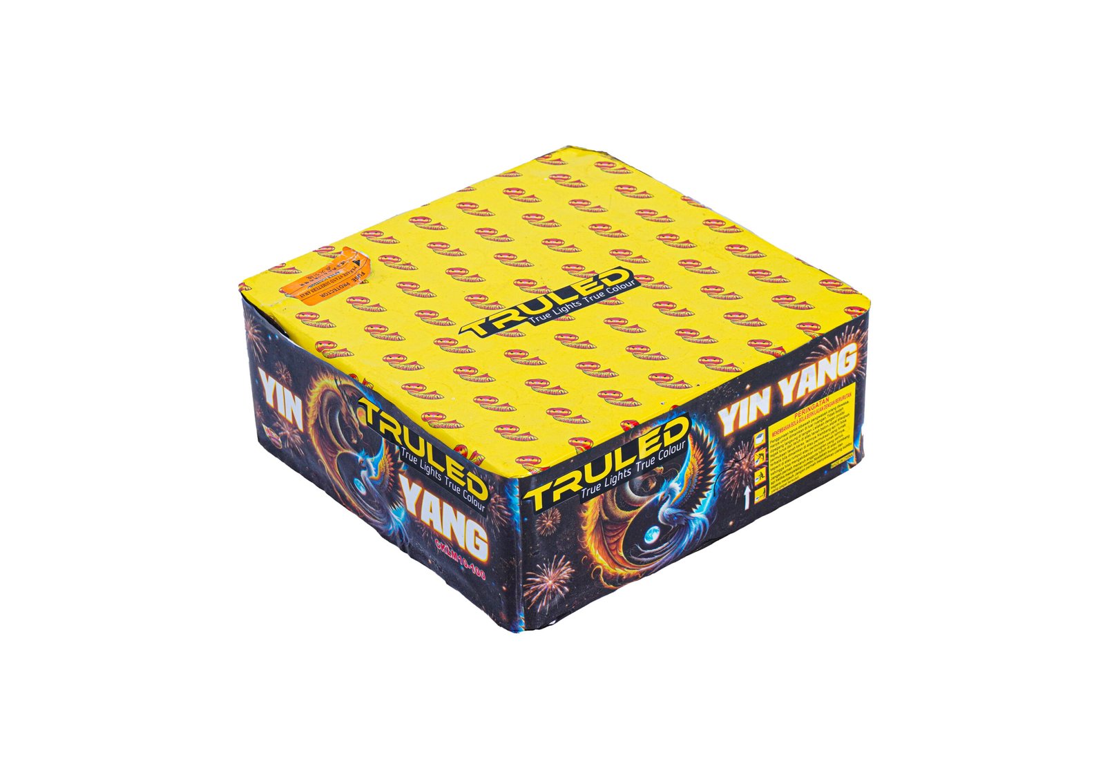 Bright yellow fireworks box with multiple red-and-gold logo patterns and bold TRULED branding on the side panel.