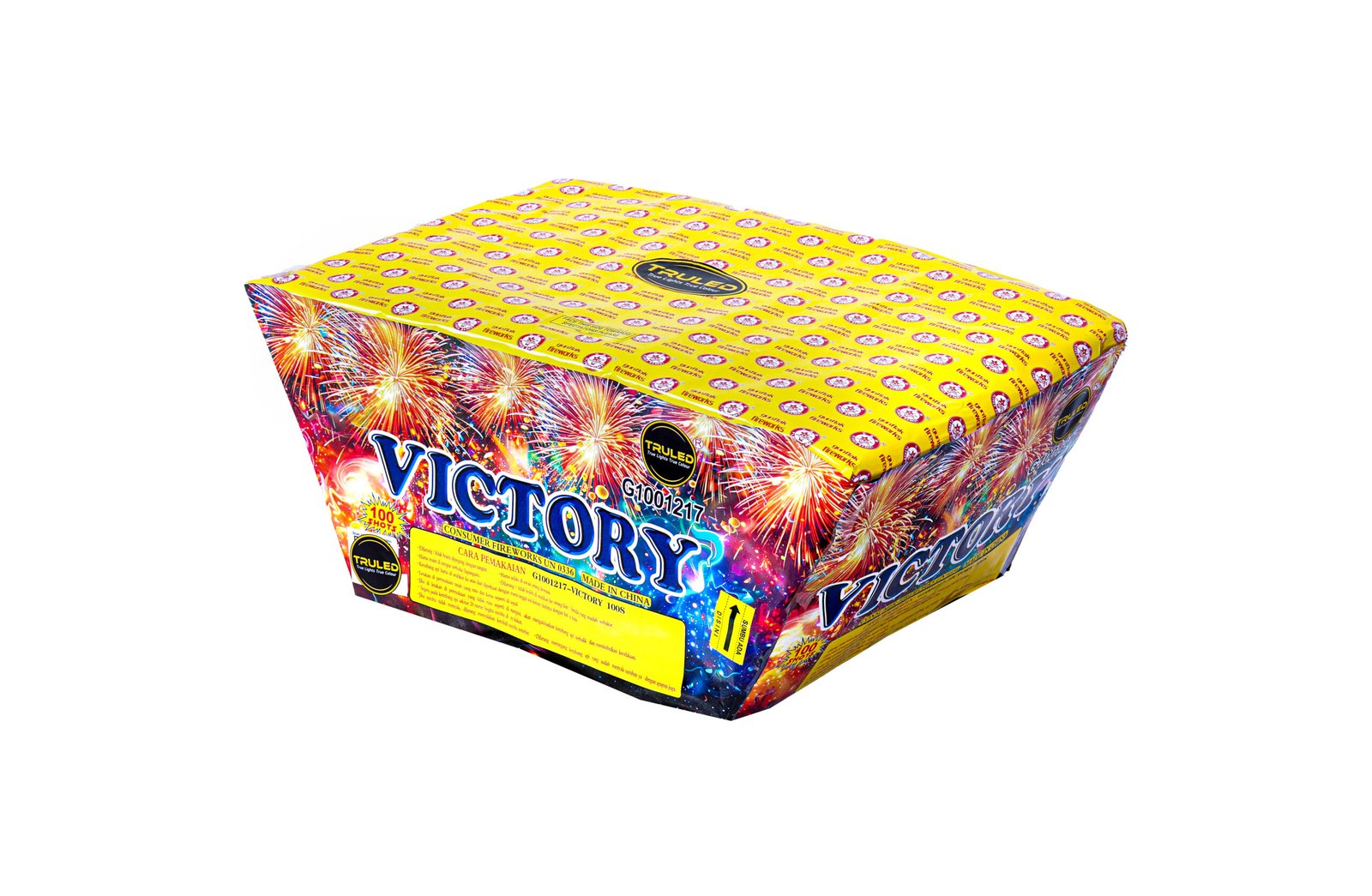Colorful fireworks packaging on a yellow box with 'VICTORY' branding and bursts of fireworks visuals.