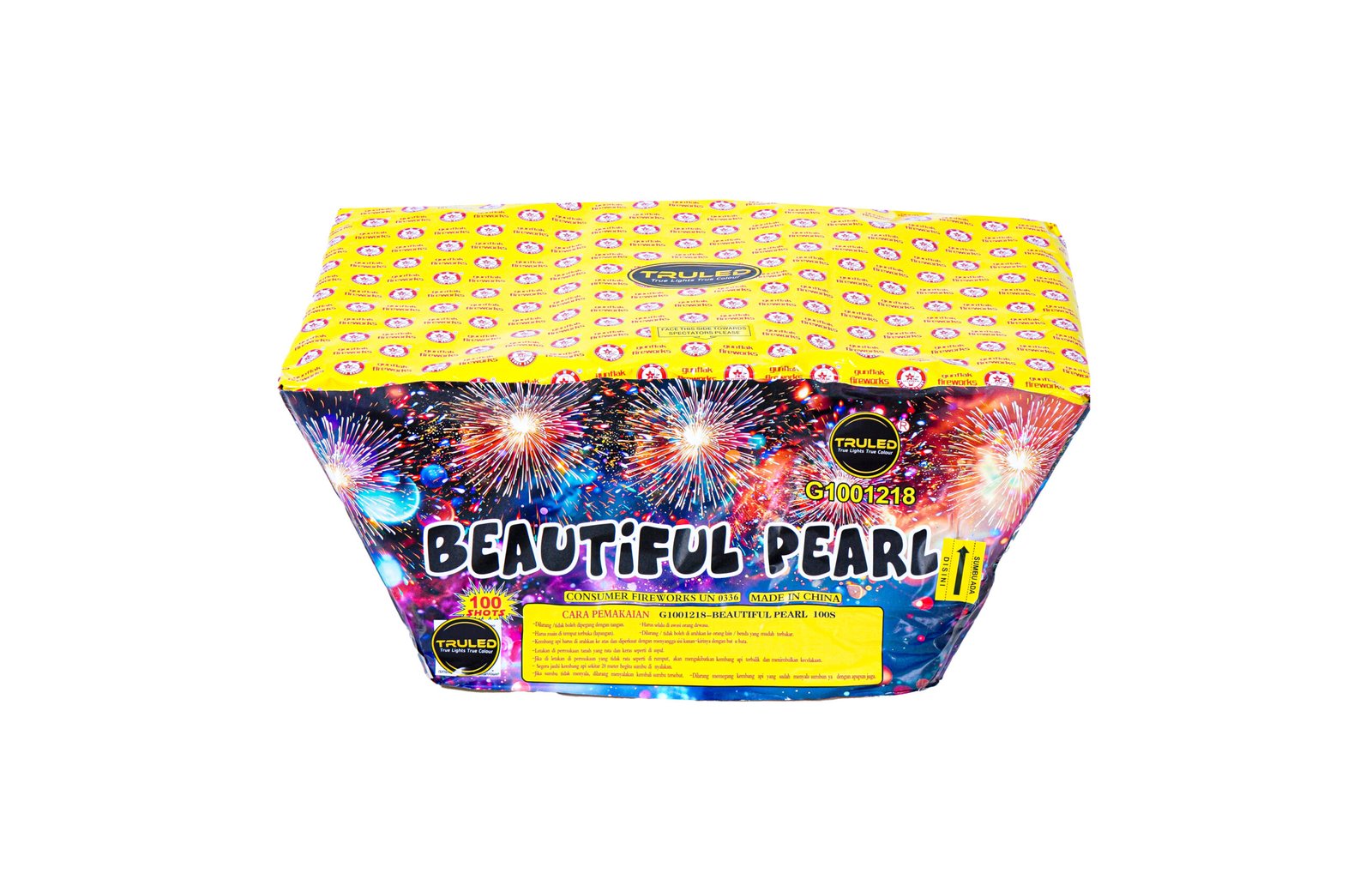 Fireworks box with a bright yellow top and a fireworks display on the front, titled 'Beautiful Pearl' with the TruLED logo nearby.