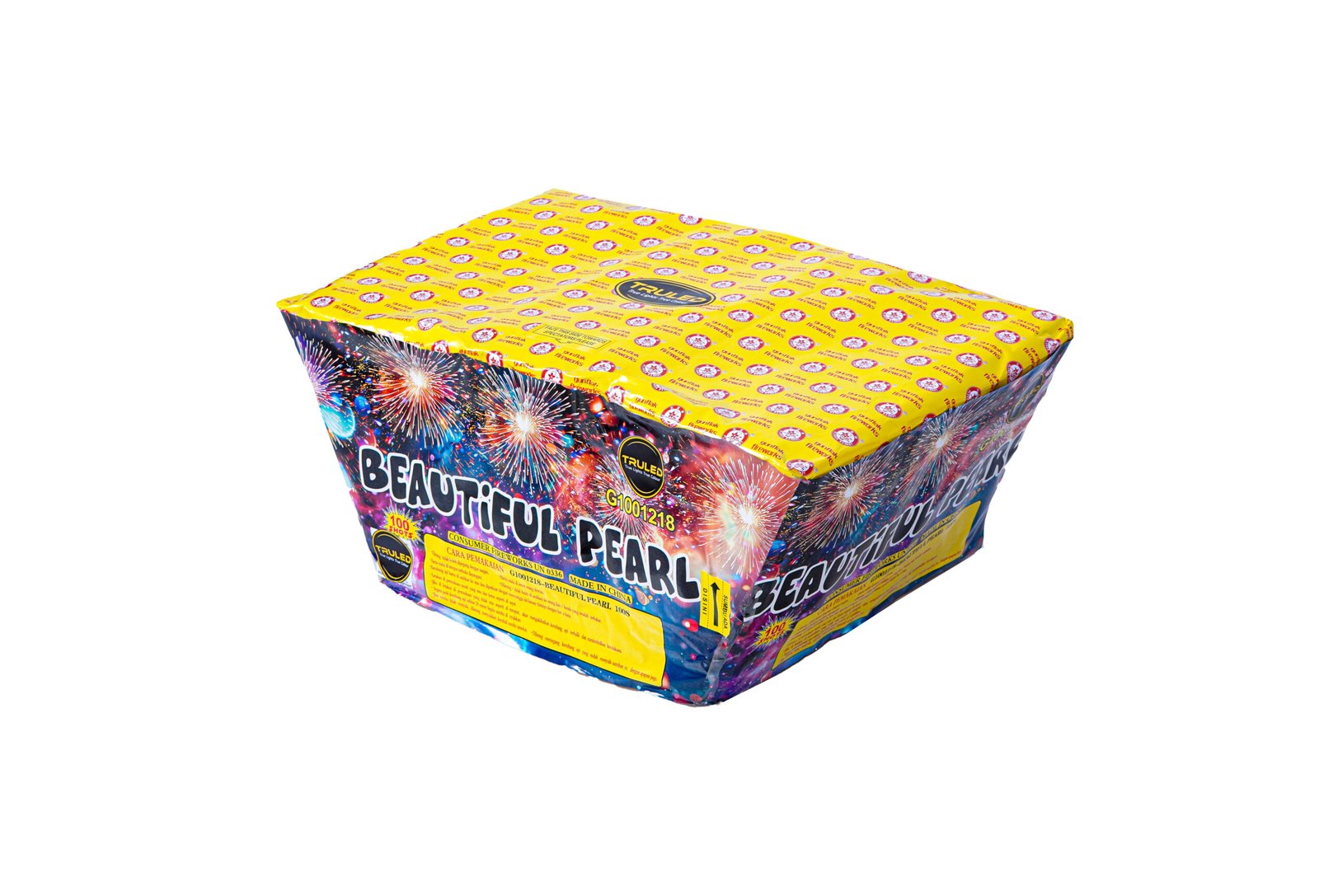 Colorful fireworks box with a bright yellow top pattern and circular logos, labeled 'Beautiful Pearl' with firework graphics on the sides.