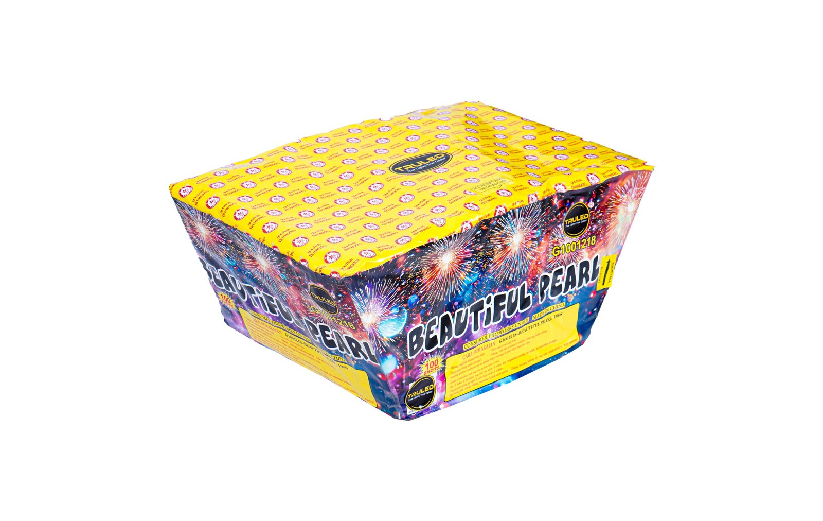 Fireworks display box with bright yellow wrapping and bursts of color on the sides; label shows 'BEAUTIFUL PEARL' fireworks brand.