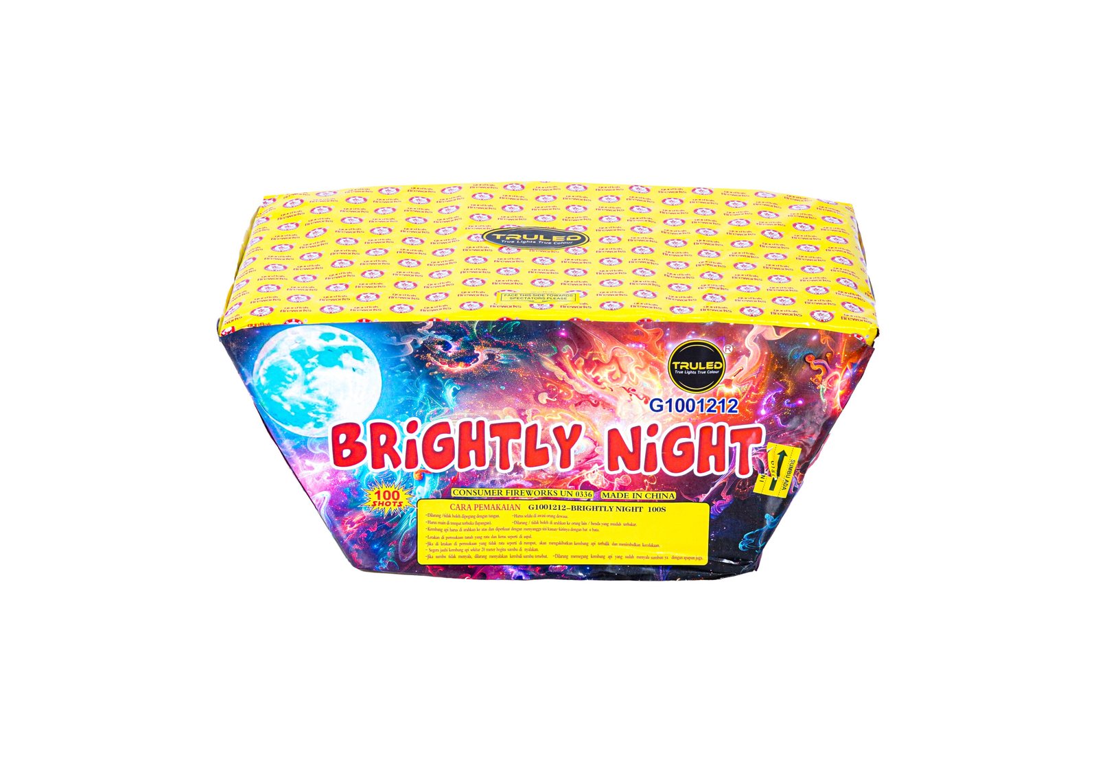 Box of Brightly Night fireworks, yellow patterned lid with logos and a colorful space-themed front art, branding visible.